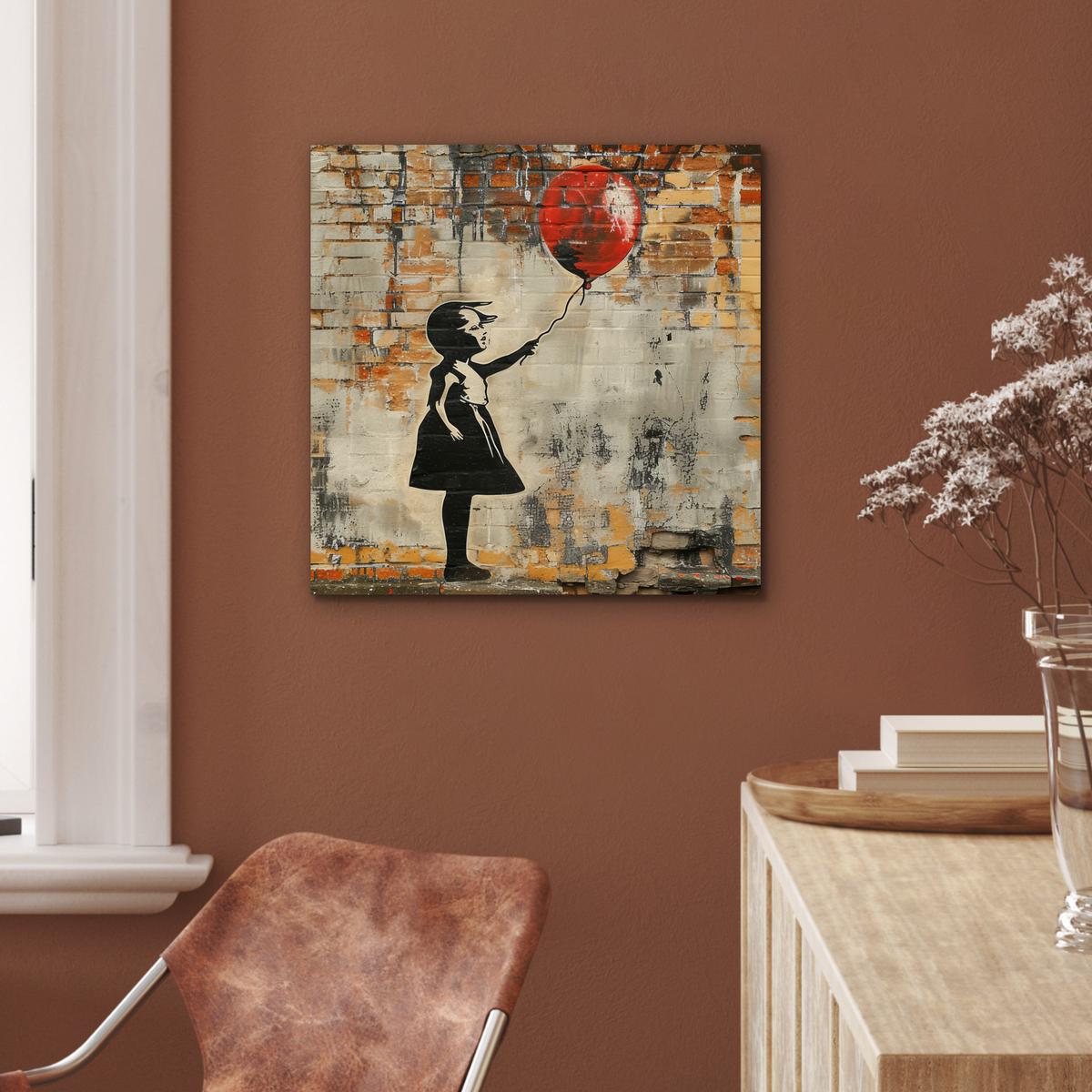 METALLBILD Graffiti - Banksy - Mädchen - Straßenkunst 50x50 cm - Sandfarben, Metall (50/50cm) - MuchoWow