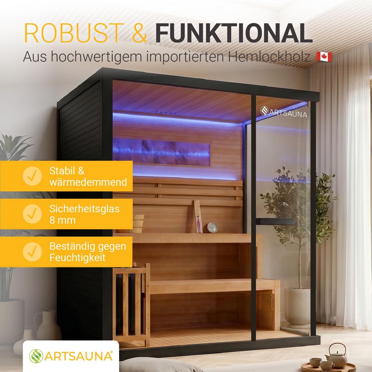 SAUNA Vantaa 175 x 140 cm mit 8 kW Saunaofen - Schwarz, Holz (140/200/175cm) - Artsauna