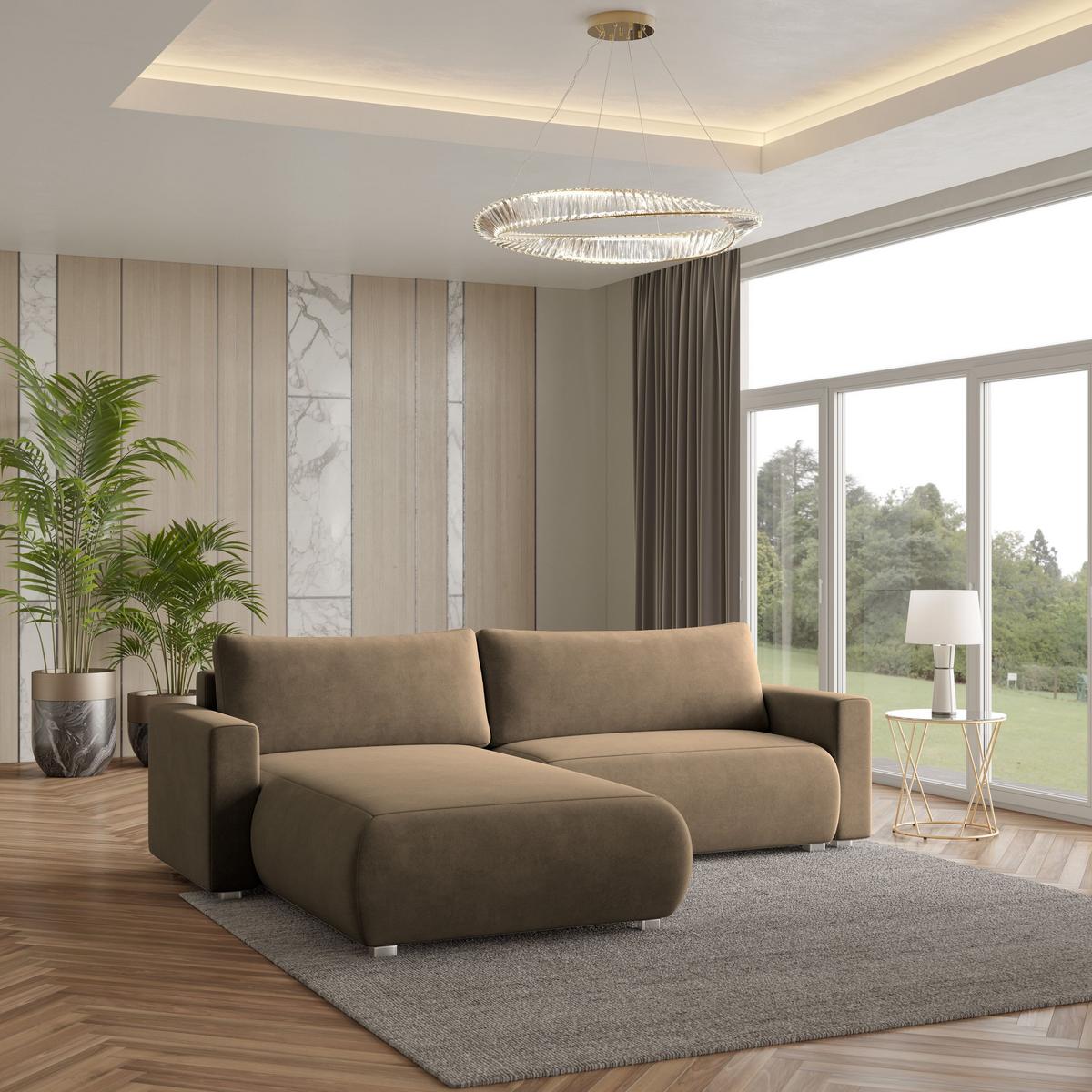 ECKSOFA TURIN M Beige Velours-Stoff mit Schlaffunktion - Beige/Grau, Holz/Kunststoff (265/183cm) - MASSENO