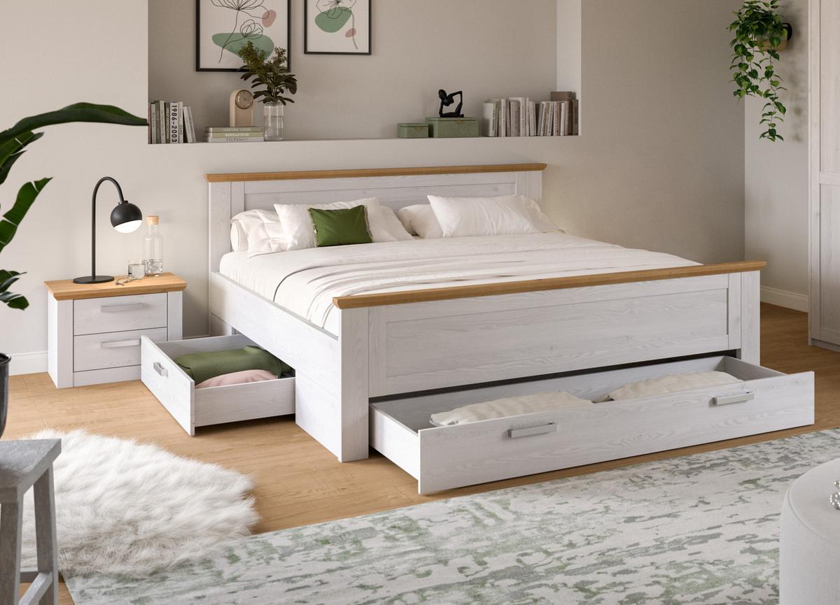 SCHLAFZIMMER weiß Lärche, Eiche Artisan Landhaus Set mit Bett inklusive Bettschubkästen, Nachttisch - Eichefarben/Silberfarben, Holzwerkstoff/Kunststoff (180/200cm) - Inn.Furn