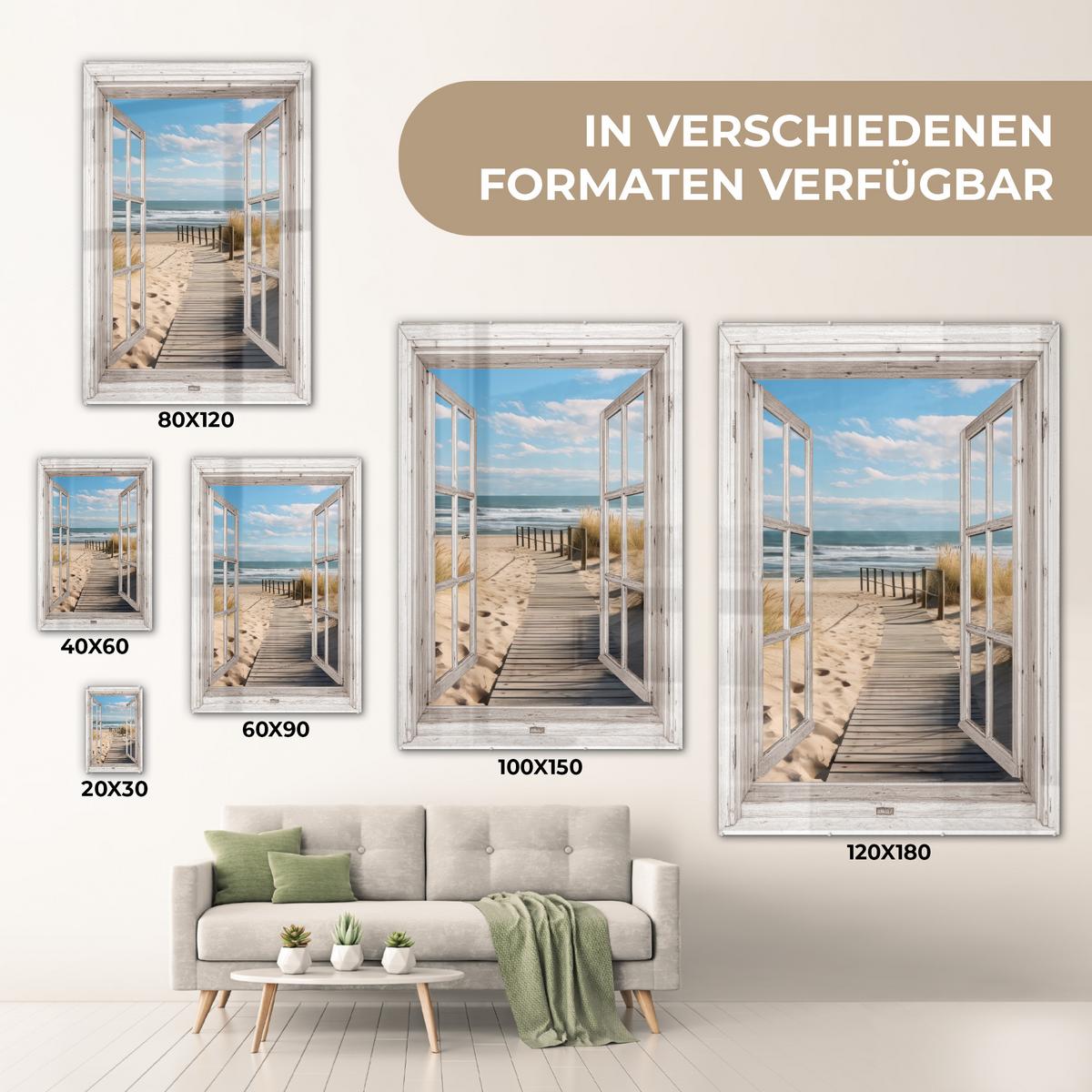ACRYLGLASBILD Fenster - Meer - Küste - Natur - Ausblick - Strand - Wattenmeer 80x120 cm - Beige, Glas (80/120cm) - MuchoWow