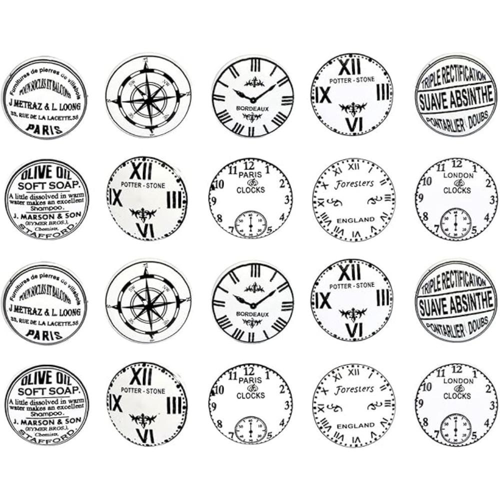 KERAMIKKNÖPFEN Set mit 20 mit verschiedenen Vintage-Uhrenmotiven 40 mm Durchmesser. - Weiß, Keramik (4/4/6.9cm) - Nacnic