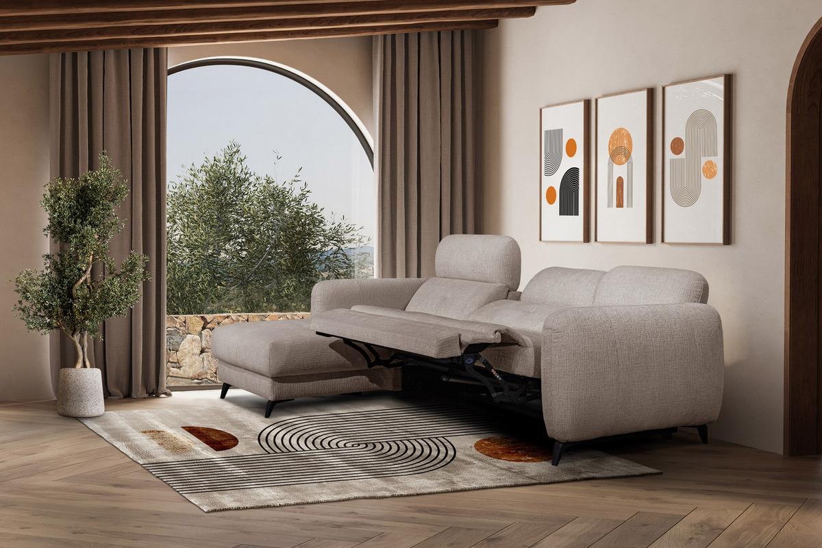 ECKSOFA SVEN 3-Sitzer, 1 Relax XL, verstellbare Kopfstützen, beige - Beige/Schwarz, Holzwerkstoff/Textil (256/163cm) - Wozimo