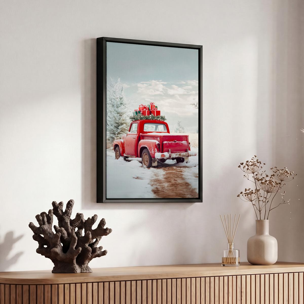 LEINWAND Bilder mit Rahmen - Auto - Rot - Geschenke - Winter - Schnee - Weihnachten - 20x30 - Rot, Textil (20/30cm) - MuchoWow
