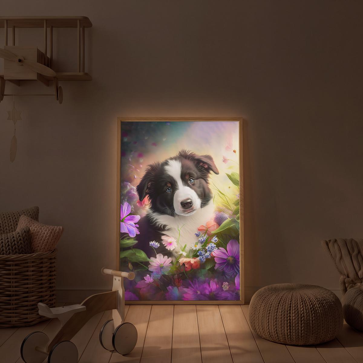 NACHTTISCHLAMPE MIT AKKU Welpe - Sonne - Blumen - Natur - Border Collie - Hund 60x90 cm - Violett, Holzwerkstoff (8/60/90cm) - OnlyWow