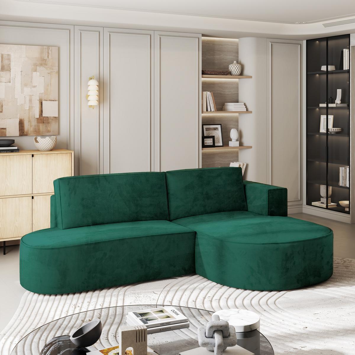 ECKSOFA CORTIO M R-S Grün Velours-Stoff mit Schlaffunktion - Grau/Grün, Holz/Kunststoff (265/174cm) - MASSENO