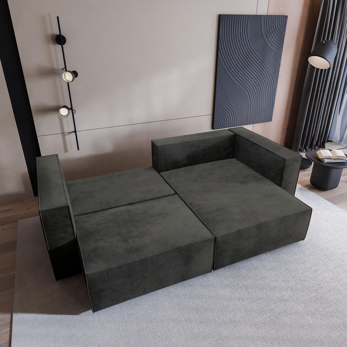 ECKSOFA NERIO M Schwarz Velours-Stoff mit Schlaffunktion - Schwarz/Grau, Holz/Kunststoff (245/148cm) - MASSENO