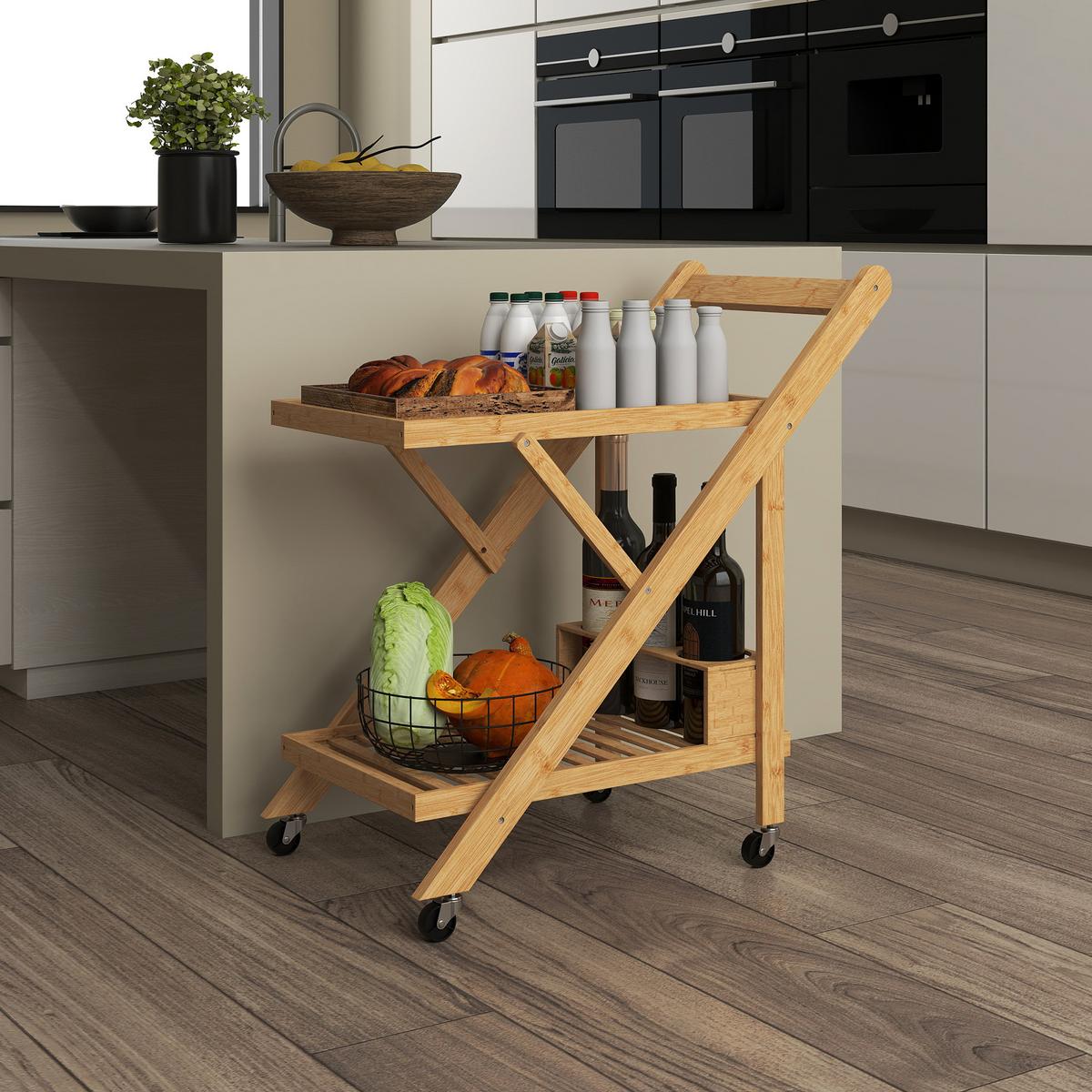 KÜCHENWAGEN mit Weinregal, 66 x 40 x 70 cm, Natur - Naturfarben, Naturmaterialien (40/70/66cm) - HOMCOM
