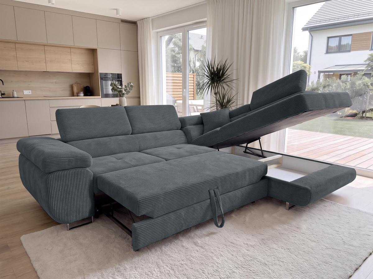 ECKSOFA L Form Konak Dunkelgrau 276/201/90 cm Rechts mit Schlaffunktion - Dunkelgrau/Silberfarben, Textil/Metall (276/203cm) - AX Living