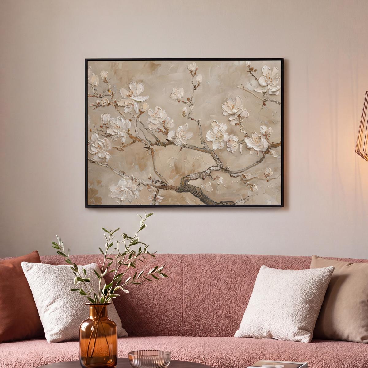 LEINWAND Bilder mit Rahmen - Blumen - Modern - Beige - Weiß - Blüte - 70x50 - Beige, Textil (70/50cm) - MuchoWow