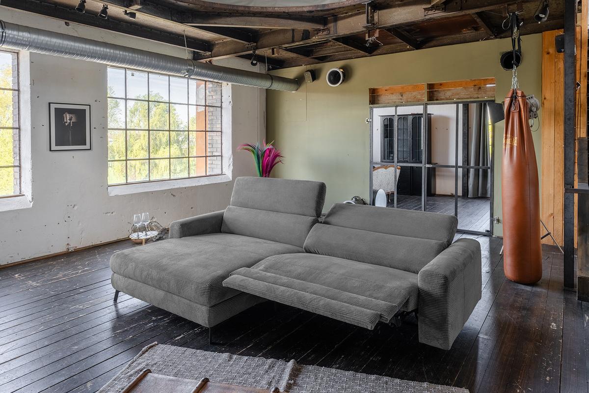 ECKSOFA LAISKA Grau Cord Relaxfunktion - Schwarz/Grau, Textil/Metall (282/177cm) - KAWOLA