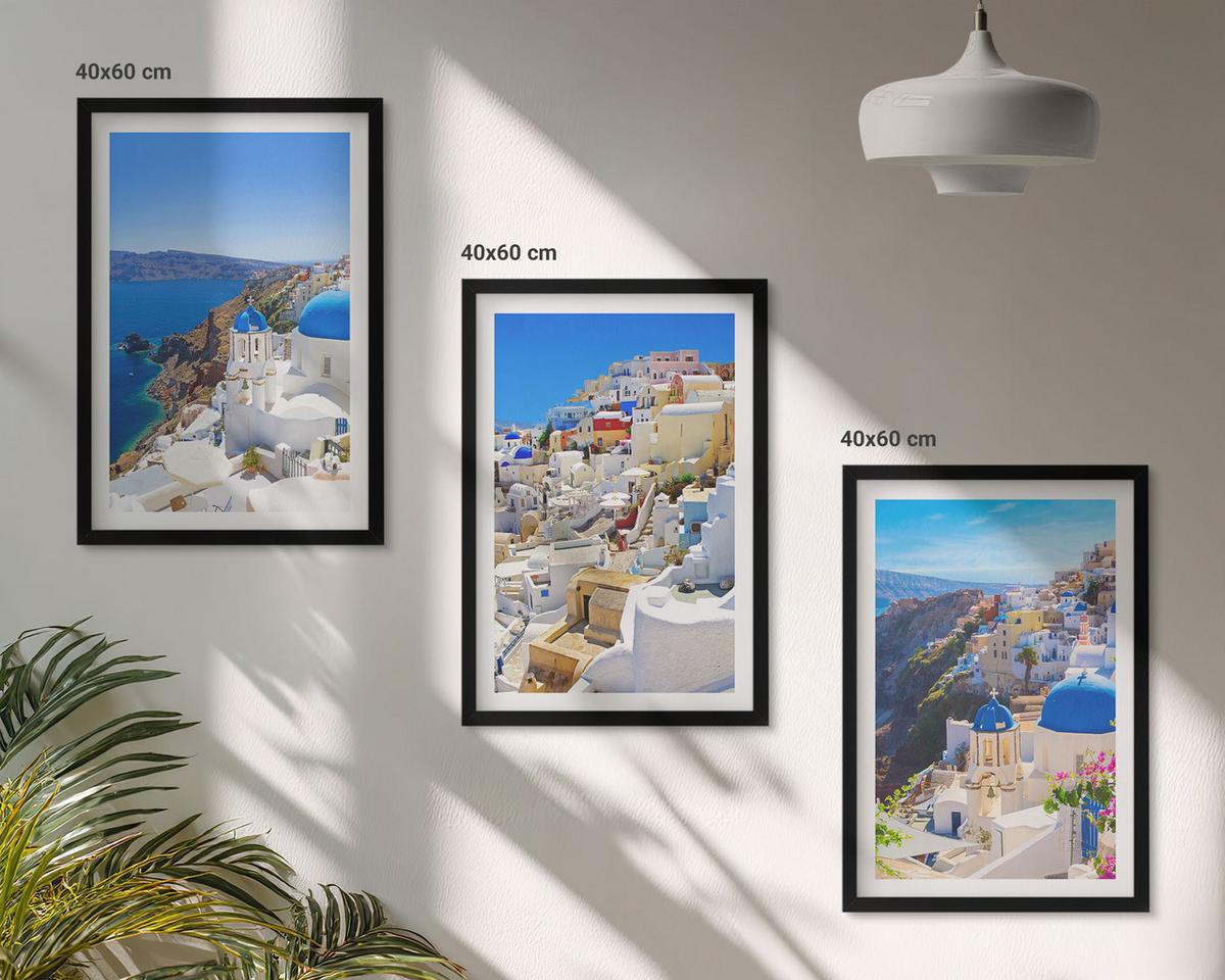BILDER SET 3er Set - 40x60 cm Schwarzer Rahmen - Landschaftsarchitektur Oia Santorini - Schwarz, Kunststoff (40/60cm) - TULUP