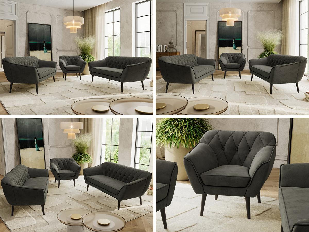 SITZGARNITUR PIRS 3+3+1 - Dunkelgrau Velvet - Schwarze Beine - Dunkelgrau/Schwarz, Holzwerkstoff/Textil (180/75/74cm) - MKS