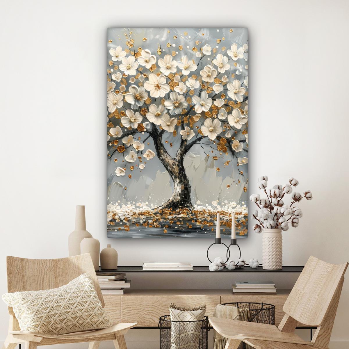 LEINWANDBILD Baum - Blumen - Weiß - Natur - Kunst Deko XXL 80x120 cm - Weiß, Textil (80/120cm) - MuchoWow