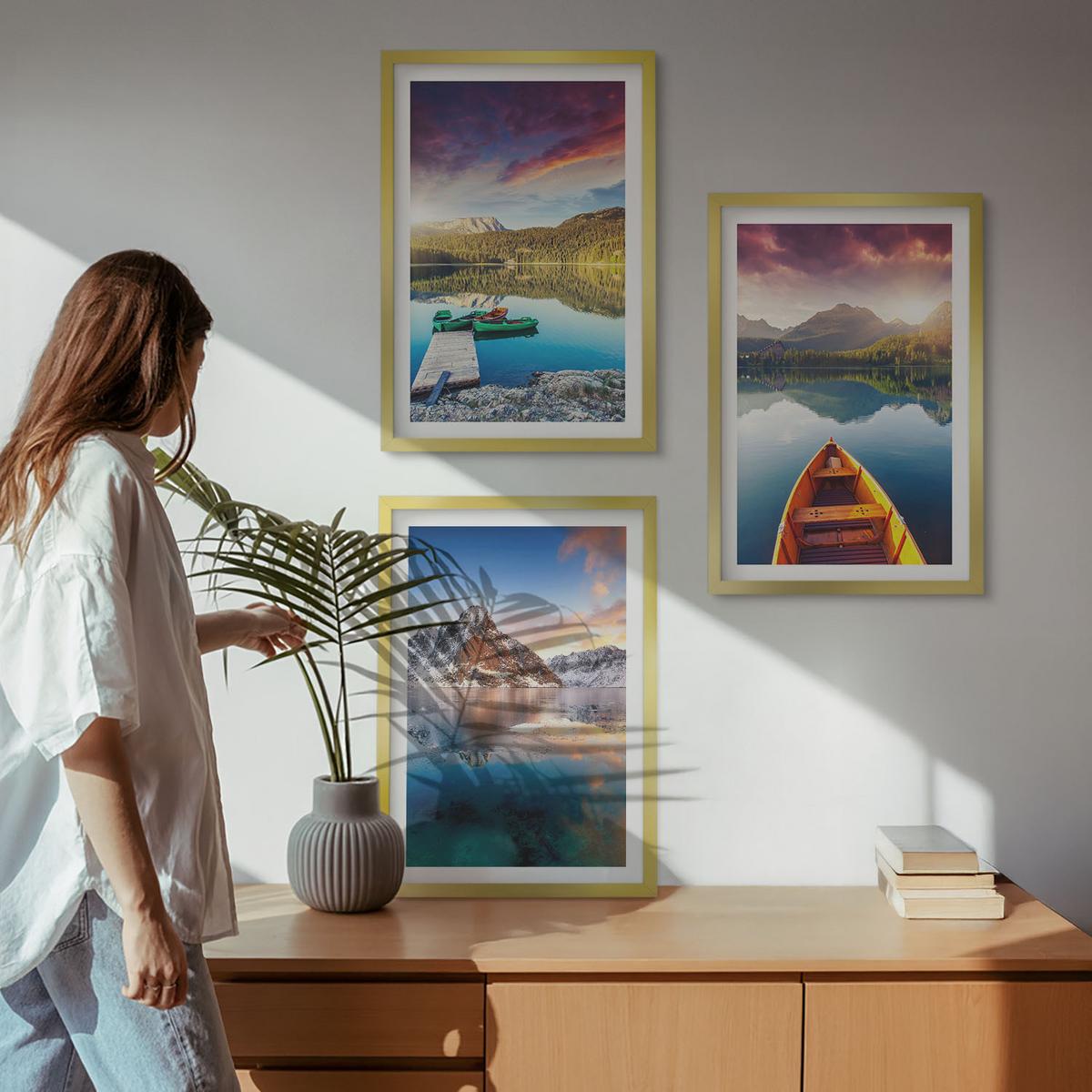 BILDER SET 3er Set - 40x60 cm Goldrahmen - Seen, Berge, Boote, Frieden - Goldfarben, Kunststoff (40/60cm) - TULUP