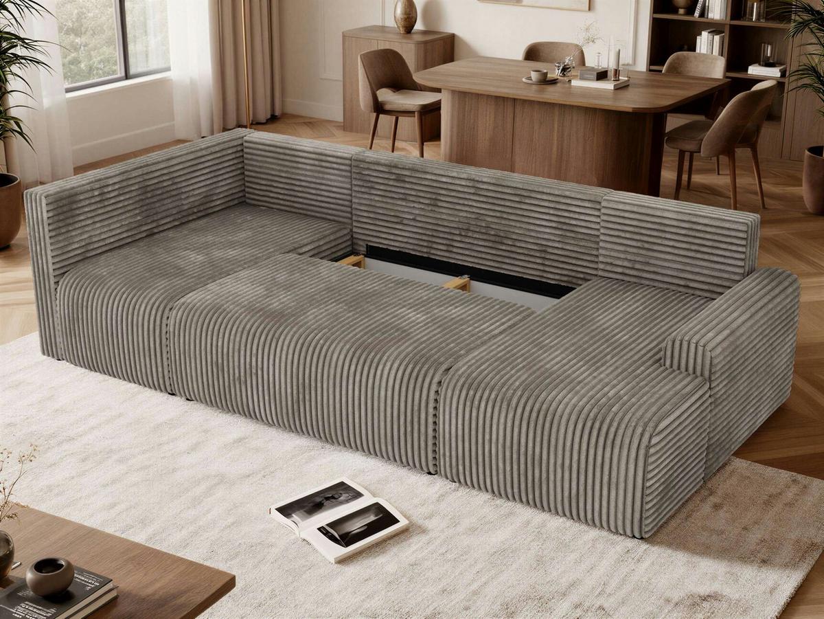 WOHNLANDSCHAFT NESSARO COR U Hellbraun Cord - Links Seite - Hellbraun/Schwarz, Kunststoff/Textil (307/92/151cm) - MKS