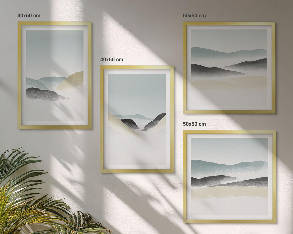 BILDER SET 4er Set - 50x50 cm & 40x60 cm Goldrahmen - Berge minimalistische Pastellfarben - Goldfarben, Kunststoff (50/50cm) - TULUP