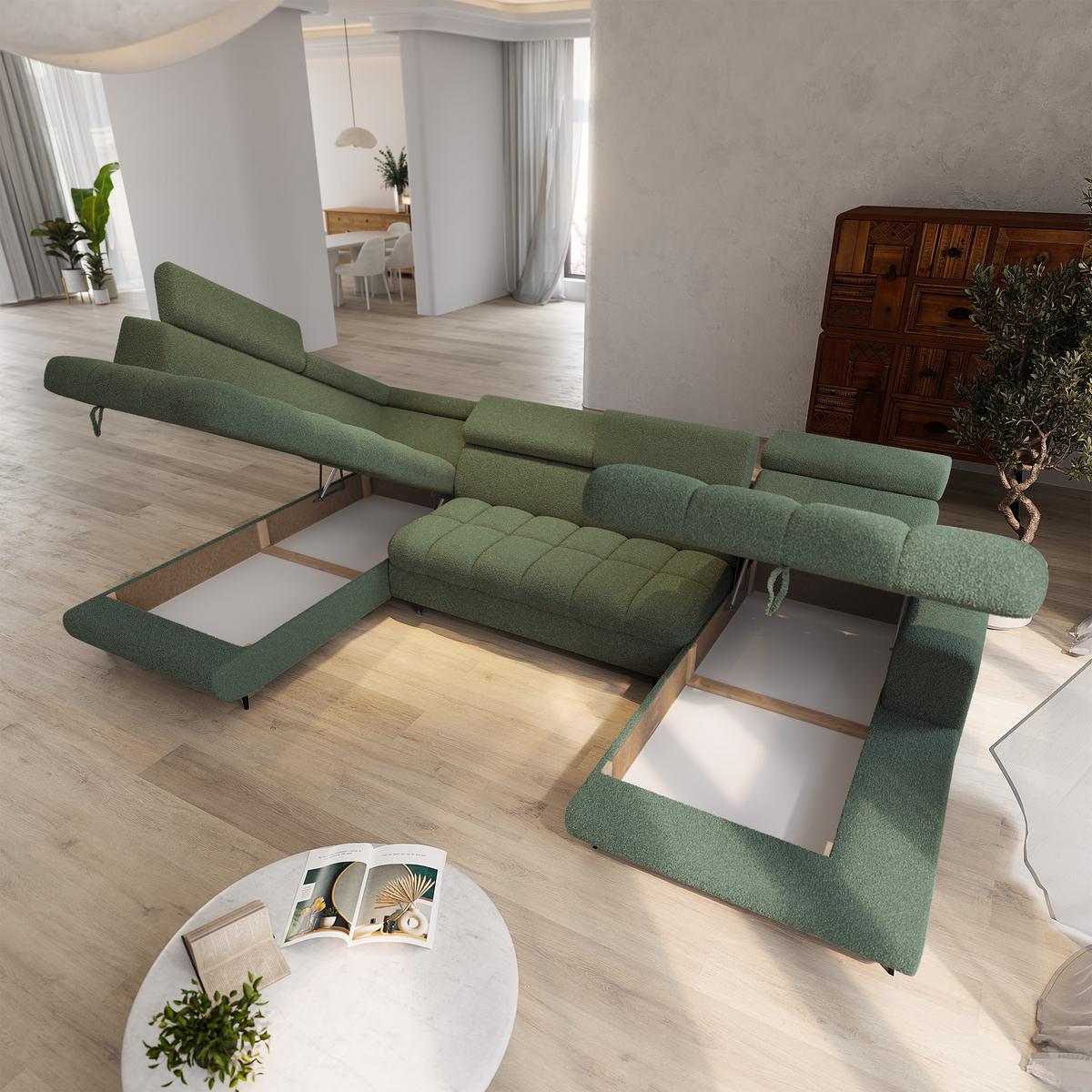 WOHNLANDSCHAFT CORENO Grün Boucle-Stoff mit Schlaffunktion - Grün, Holz (345/88/190cm) - MASSENO