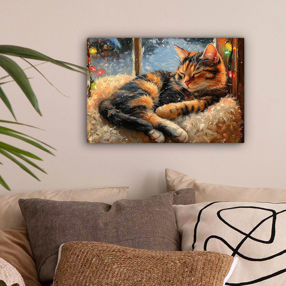 LEINWANDBILD Katze - Weihnachten - Winter - Tier Deko Schlafzimmer 30x20 cm - Bernsteinfarben, Textil (30/20cm) - MuchoWow