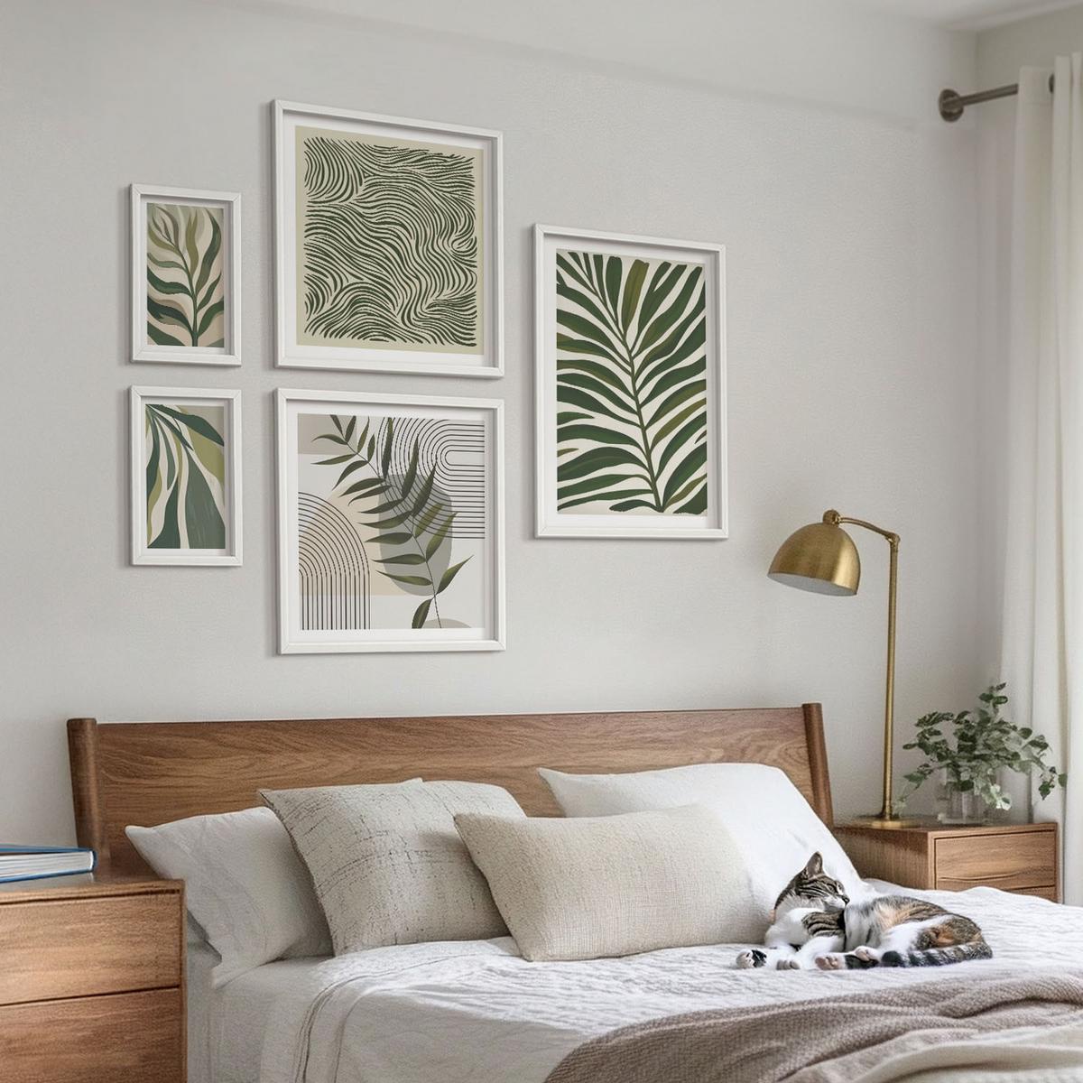 BILDER SET 5er Set - 50x50 cm & 20x30 cm & 40x60 cm Weißer Rahmen - Blätter, Wellen – Pastellillustrationen - Weiß, Kunststoff (40/60cm) - TULUP