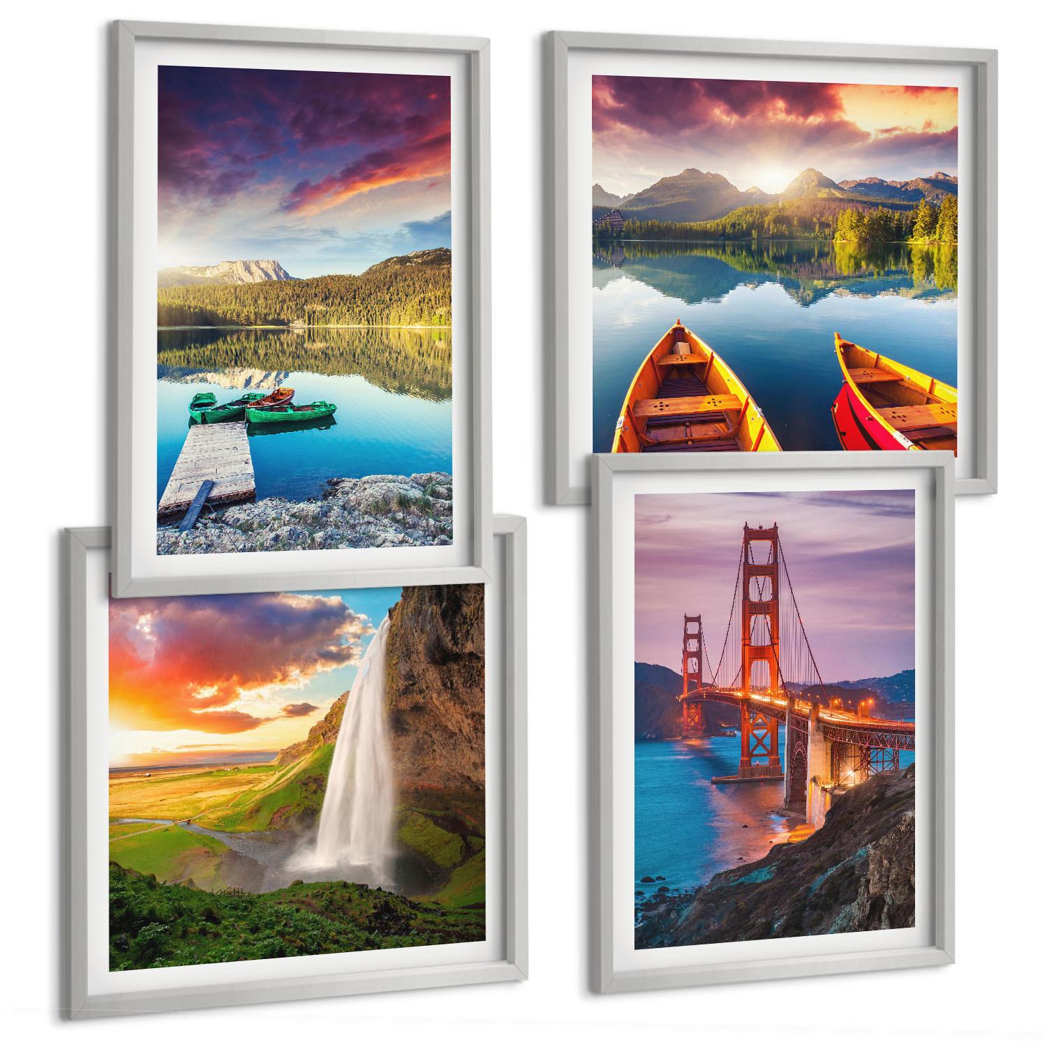 BILDER SET 4er Set - 50x50 cm & 40x60 cm Silberner Rahmen - Bergseen, Boote, Brücken - Silberfarben, Kunststoff (50/50cm) - TULUP
