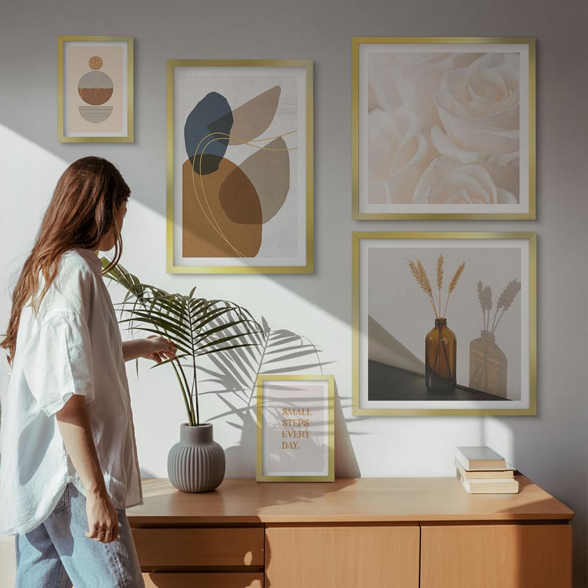 BILDER SET 5er Set - 50x50 cm & 20x30 cm & 40x60 cm Goldrahmen - Abstrakte Formen Akzente - Goldfarben, Kunststoff (40/60cm) - TULUP