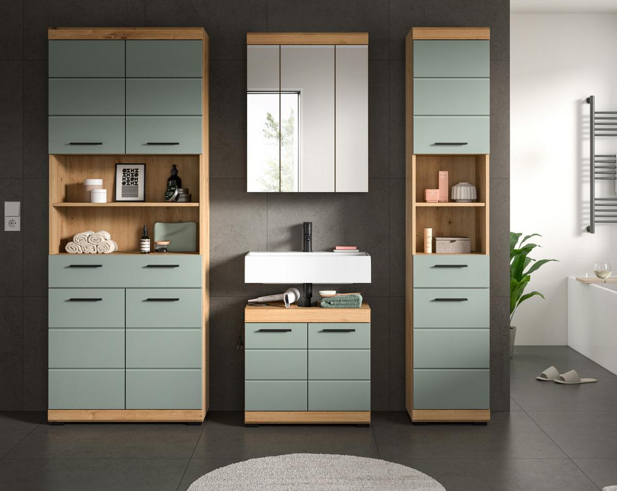 HOCHSCHRANK Salbei grün, Eiche Artisan 74 cm, Badschrank mit 6 Fächern - Salbeigrün/Schwarz, Holzwerkstoff/Kunststoff (74/191/31cm) - Inn.Furn