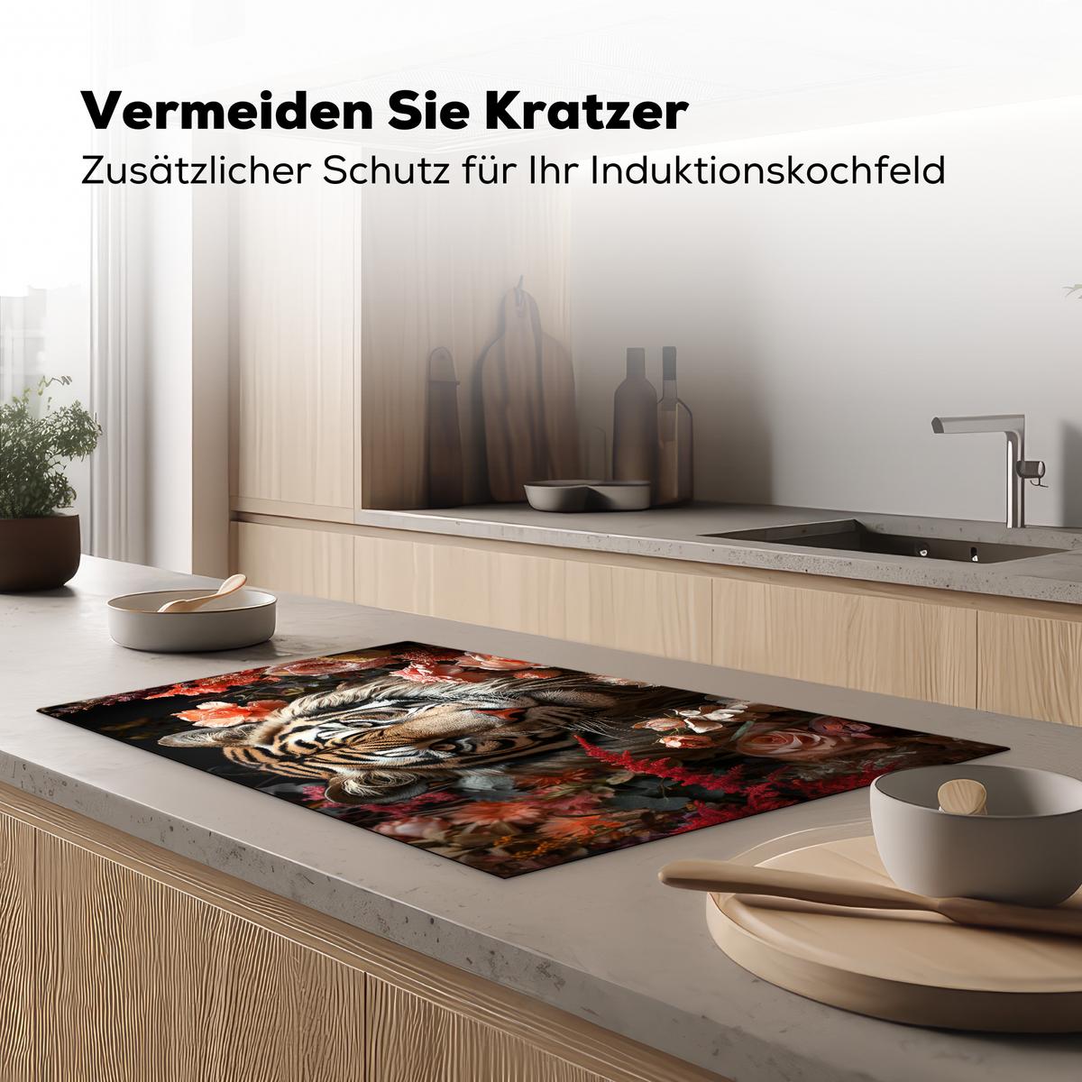HERDABDECKPLATTE Tiger - Tier - Natur - Floral - Botanisch Induktionsmatte 83x51 cm - Orange, Kunststoff (83/51.5/0.2cm) - MuchoWow
