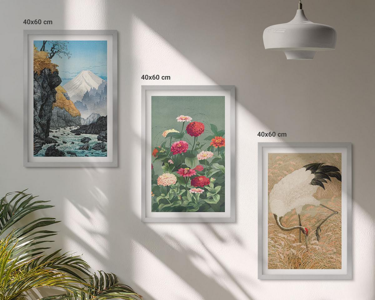 BILDER SET 3er Set - 40x60 cm Silberner Rahmen - Berglandschaft, Fluss, Blumen, Kraniche - Silberfarben, Kunststoff (40/60cm) - TULUP