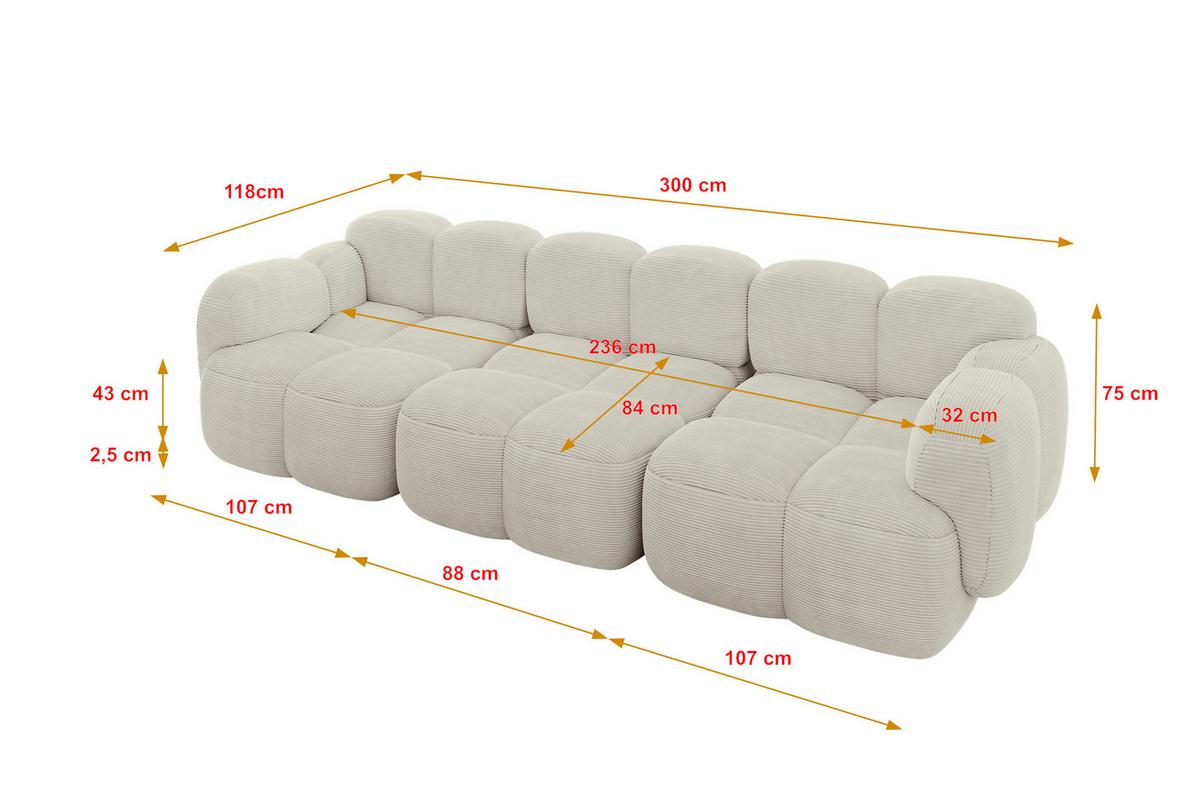 3-SITZER modulares Sofa Miko-S2 300x118x75 cm Creme Cord - Schwarz/Mokka, Holzwerkstoff/Kunststoff (300/75/118cm) - ALTDECOR