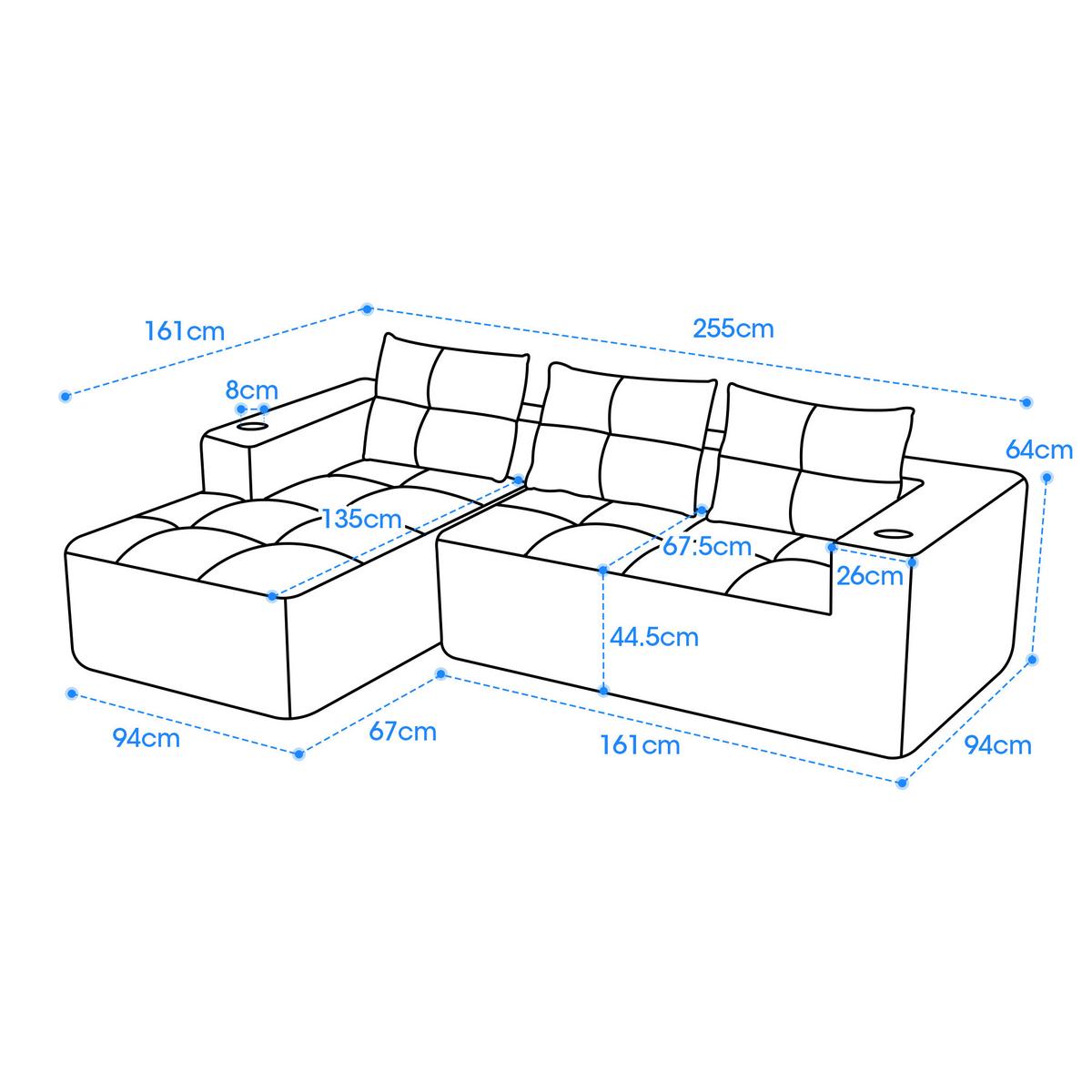 ECKSOFA chenille L-form mit getränkehaltern & 3 kissen - Beige, Textil (258/163cm) - Urban Meuble