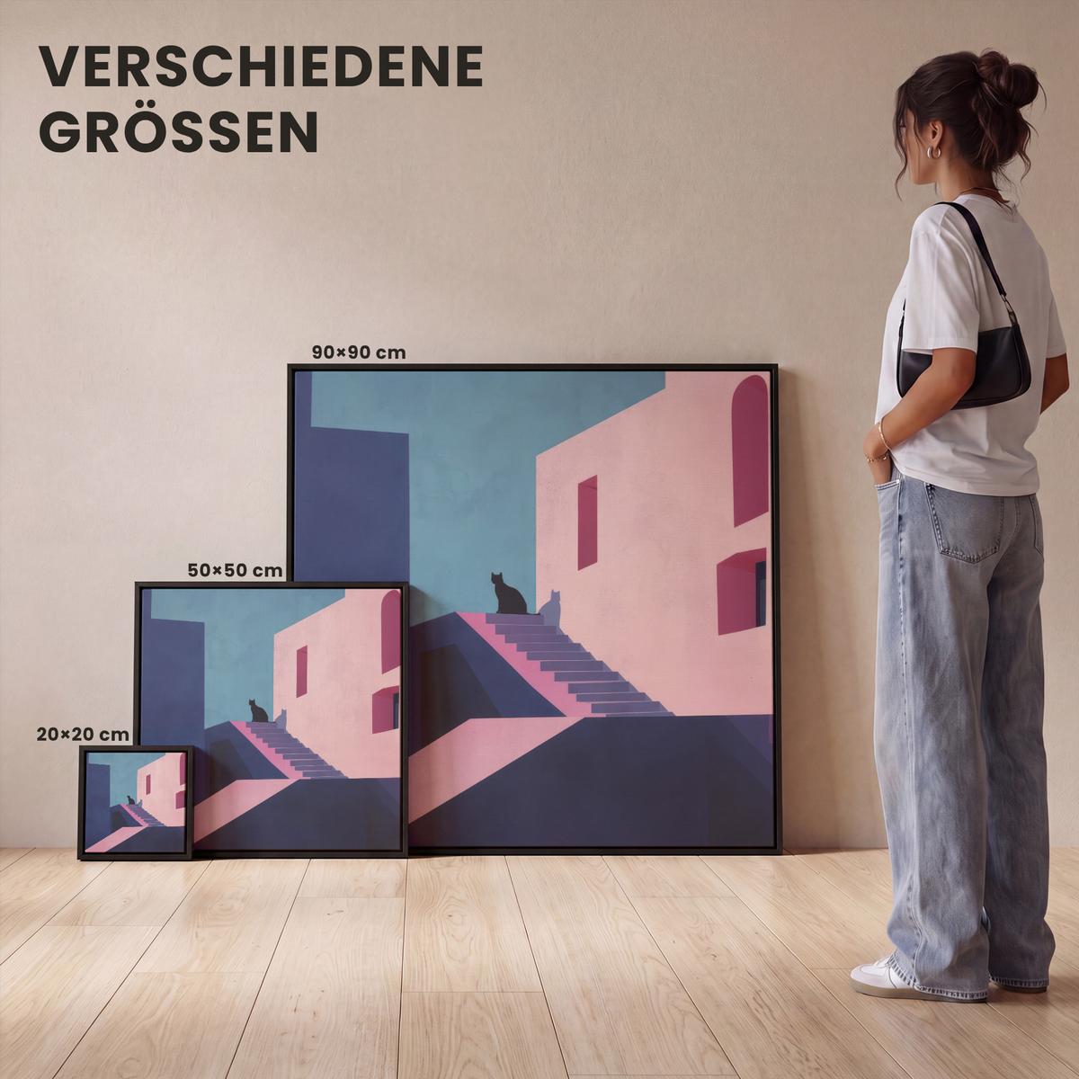 LEINWAND Bilder mit Rahmen - Katze - Treppe - Gebäude - Schattenkontraste - 90x90 - Dunkelblau, Textil (90/90cm) - MuchoWow