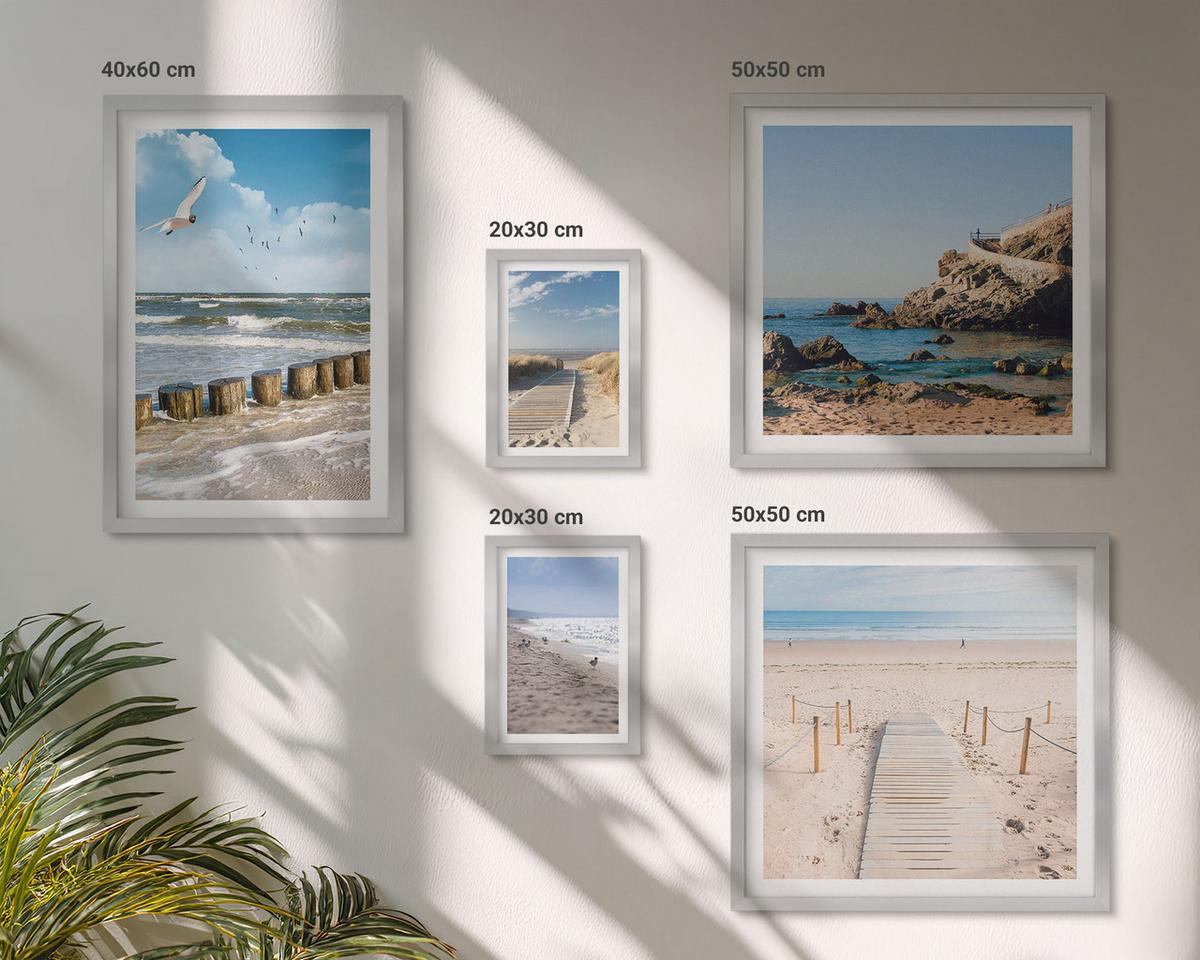 BILDER SET 5er Set - 50x50 cm & 20x30 cm & 40x60 cm Silberner Rahmen - Strand, Sand, Wellen, Himmel, Vögel - Silberfarben, Kunststoff (40/60cm) - TULUP