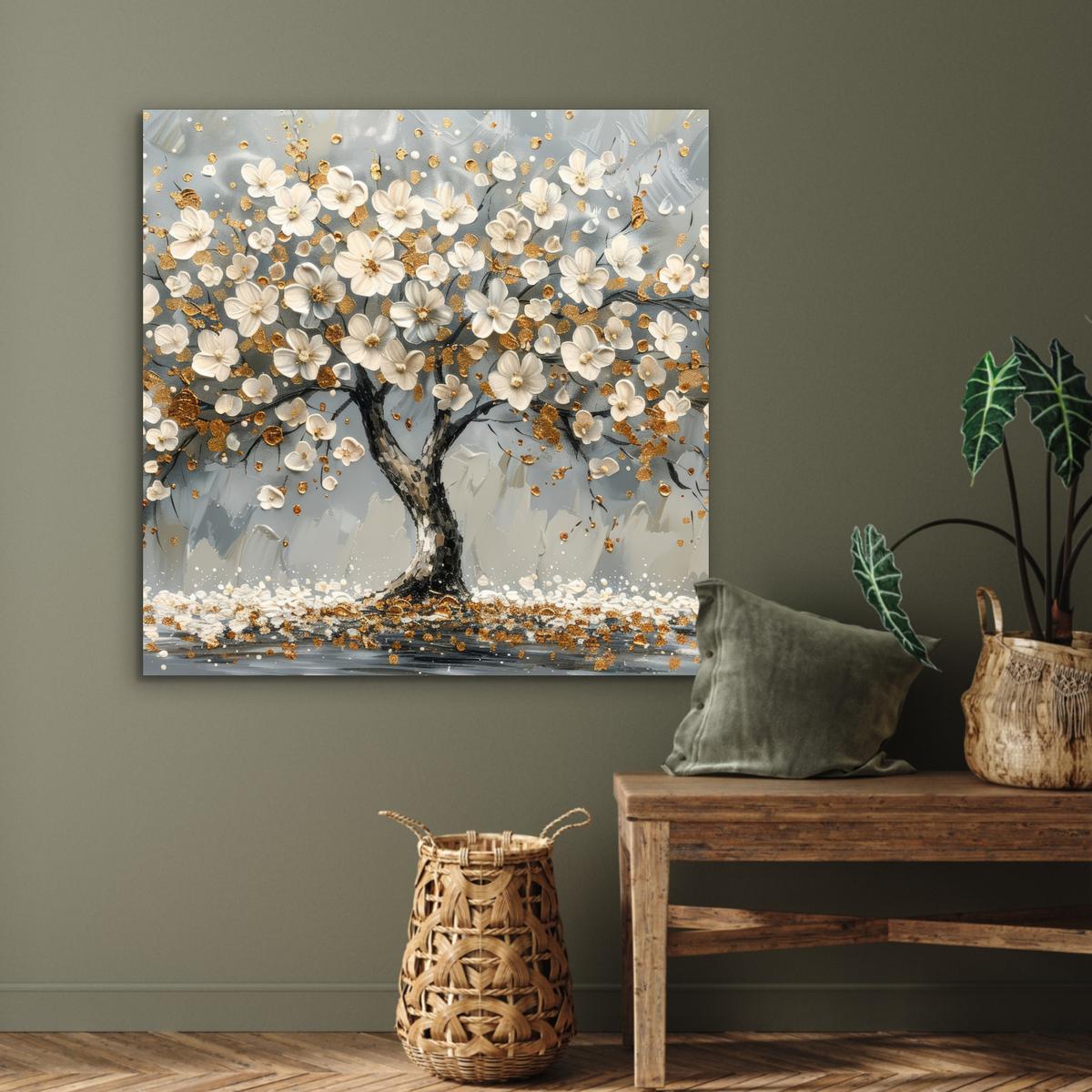 METALLBILD Baum - Blumen - Weiß - Natur - Kunst 90x90 cm - Weiß, Metall (90/90cm) - MuchoWow