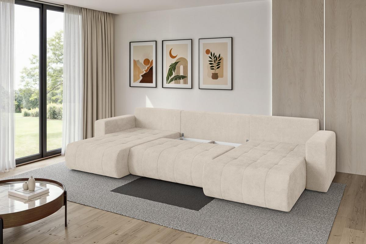 WOHNLANDSCHAFT mit Schlaffunktion und Bettkasten MILA-U 378x194x86 Beige Cord - Beige/Schwarz, Holzwerkstoff/Kunststoff (378/86/194cm) - ALTDECOR