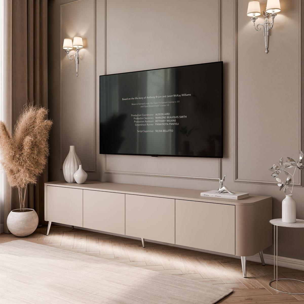 TV-SCHRANK CELESTE PUSH OPEN mit Beleuchtung auf Schräge chromfarbene Füßen - Kaschmir, Holzwerkstoff (200/46.5/40cm) - Lookway