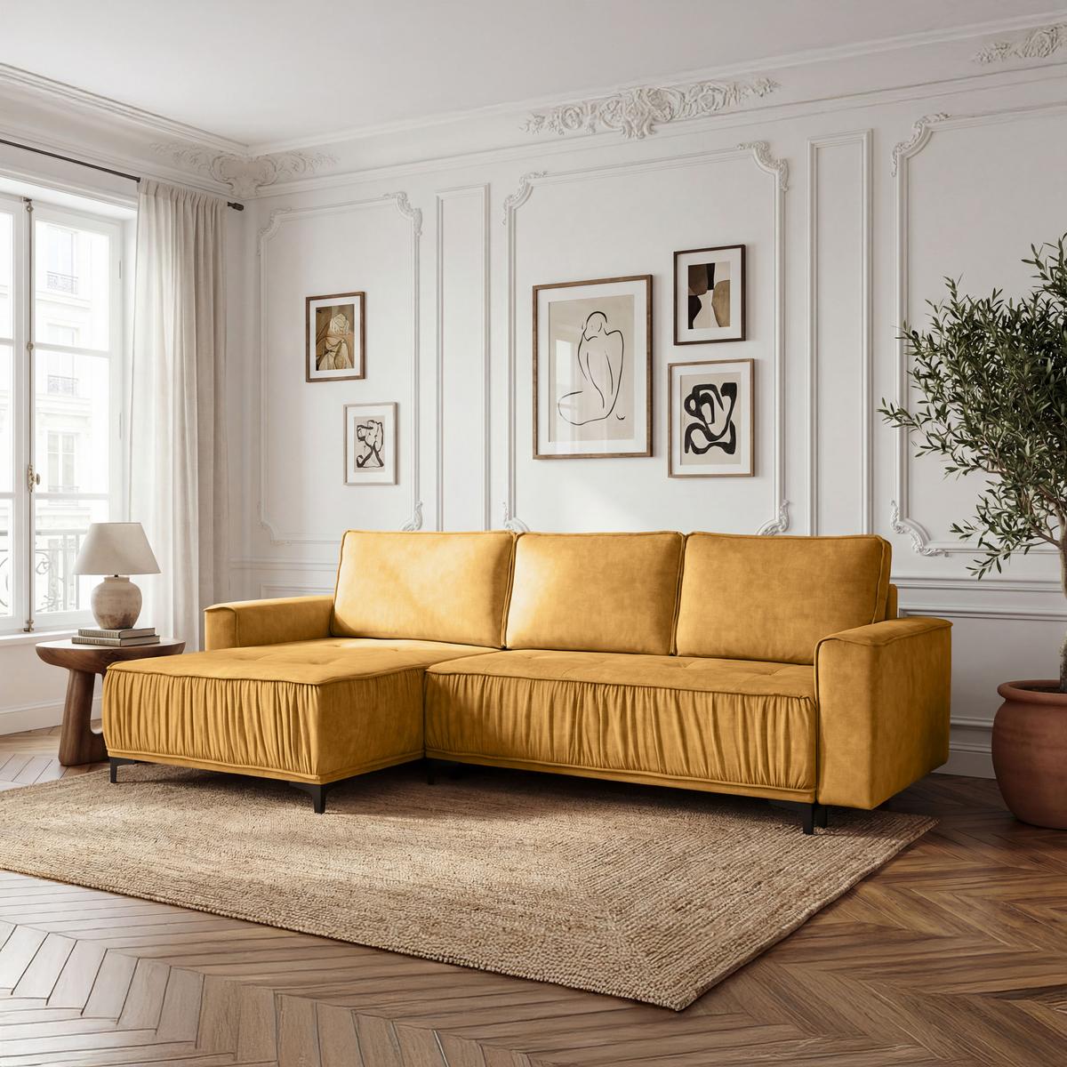ECKSOFA Velora mit Schlaffunktion & Stauraum, Universell Rechts/Links, Senfgelb Samt 270/92/150 cm - Dunkelgelb/Schwarz, Textil/Metall (270/150cm) - WFL GROUP