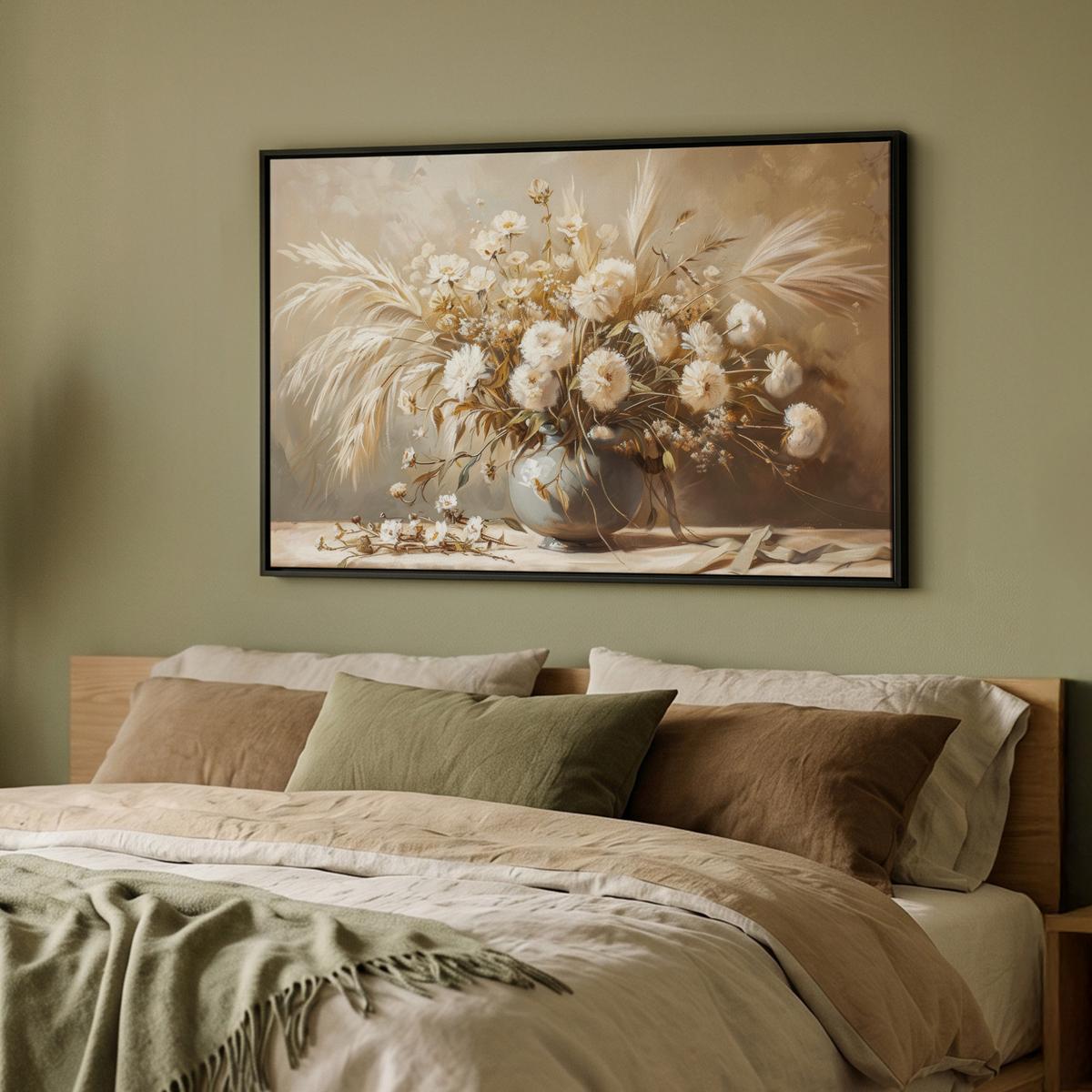 LEINWAND Bilder mit Rahmen - Blumen - Vase - Stilleben - Beige - 90x60 - Creme, Textil (90/60cm) - MuchoWow