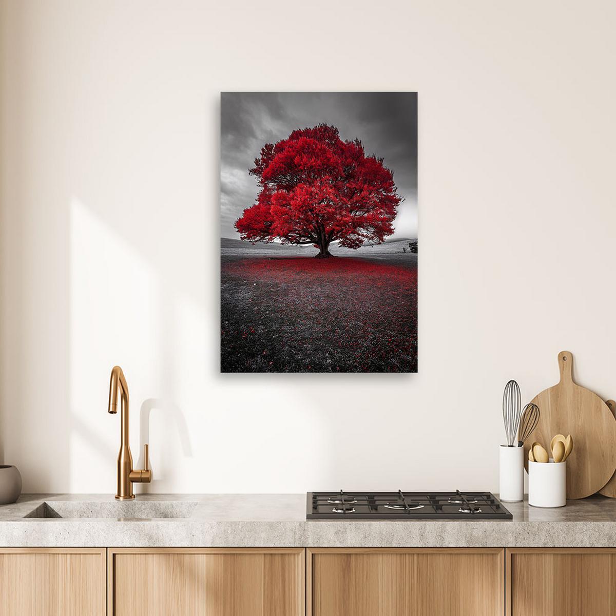 LEINWANDBILD Moderne Landschaft mit rotem Baum 40x60cm - Grau, Textil (40/60cm) - Feeby