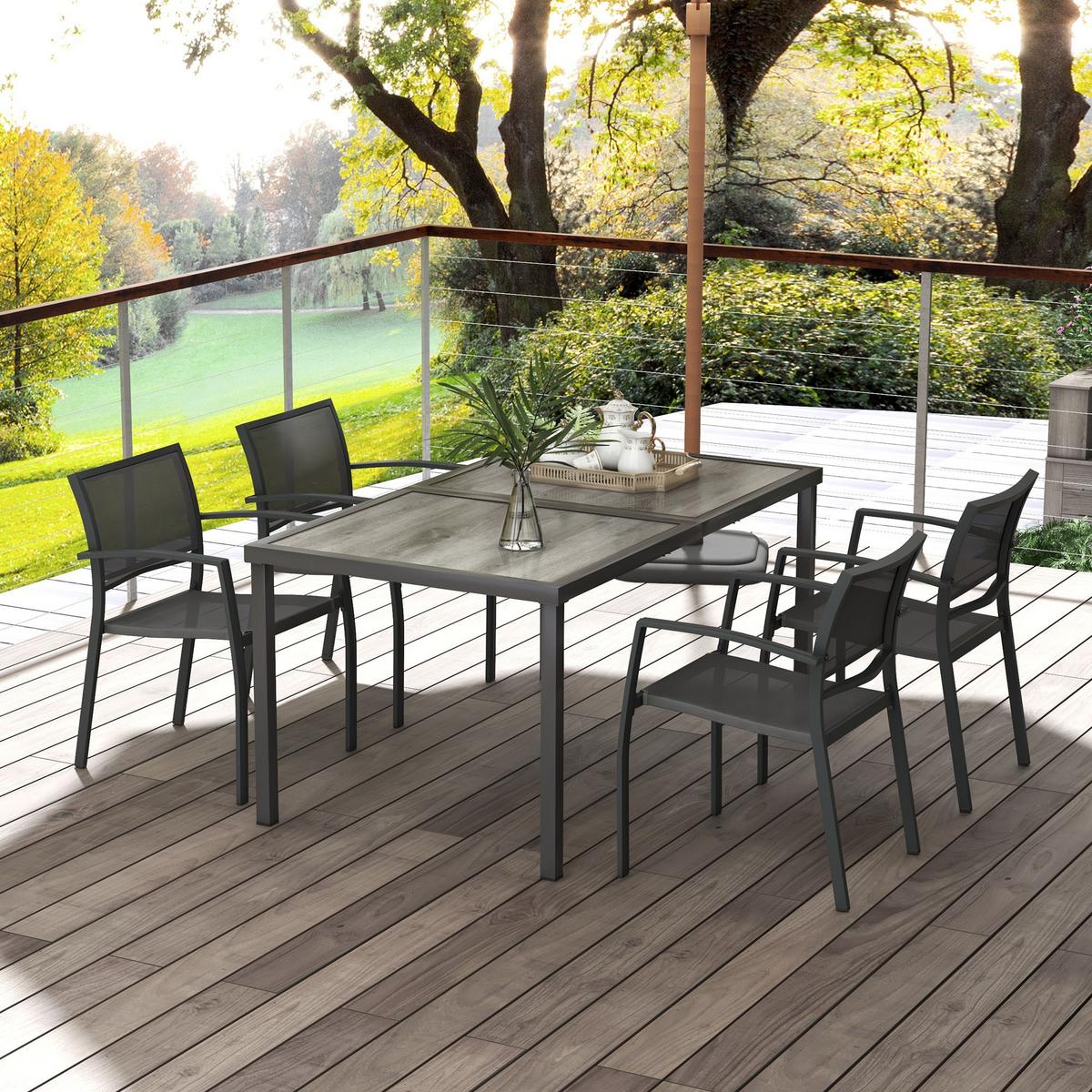 SITZGRUPPE Gartenmöbel-Set, 1 Esstisch, 4 stapelbaren Stühlen, Textil, Dunkelgrau - Grau, Textil/Metall - Outsunny
