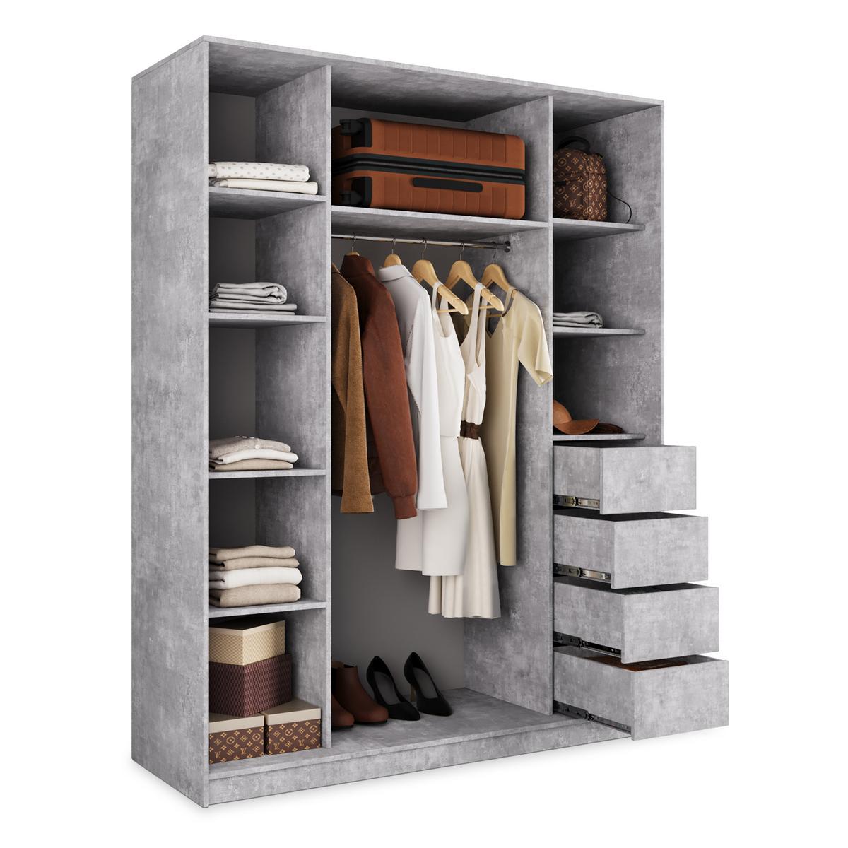 SCHWEBETÜRENSCHRANK PINA 150/205/58 cm 3-türig mit Spiegel und Schubladen Titanfarben - Titanfarben/Silberfarben, Holzwerkstoff (150/205/58cm) - MASSENO