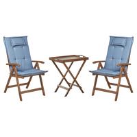 BALKONSET 2-Sitzer Akazienholz dunkelbraun verstellbar Auflagen blau Amantea - Blau/Dunkelbraun, Holz/Textil - Beliani
