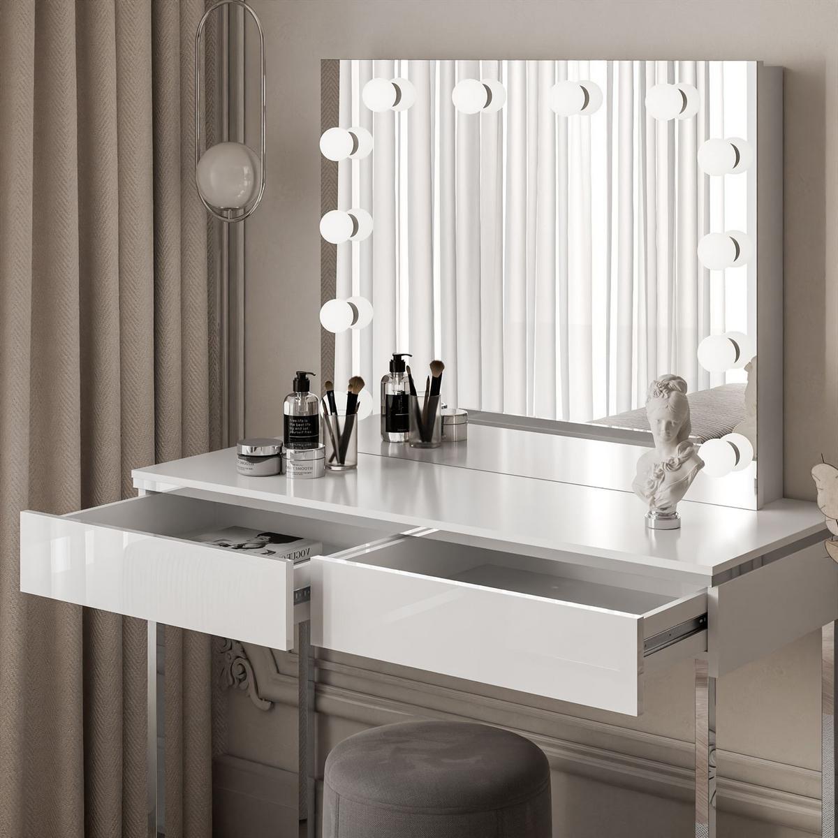 SCHMINKTISCH AURORA SILVER ELITE mit Spiegel Hochglanz Weiß - Weiß Hochglanz, Holzwerkstoff (102/78.5/43.6cm) - Lookway