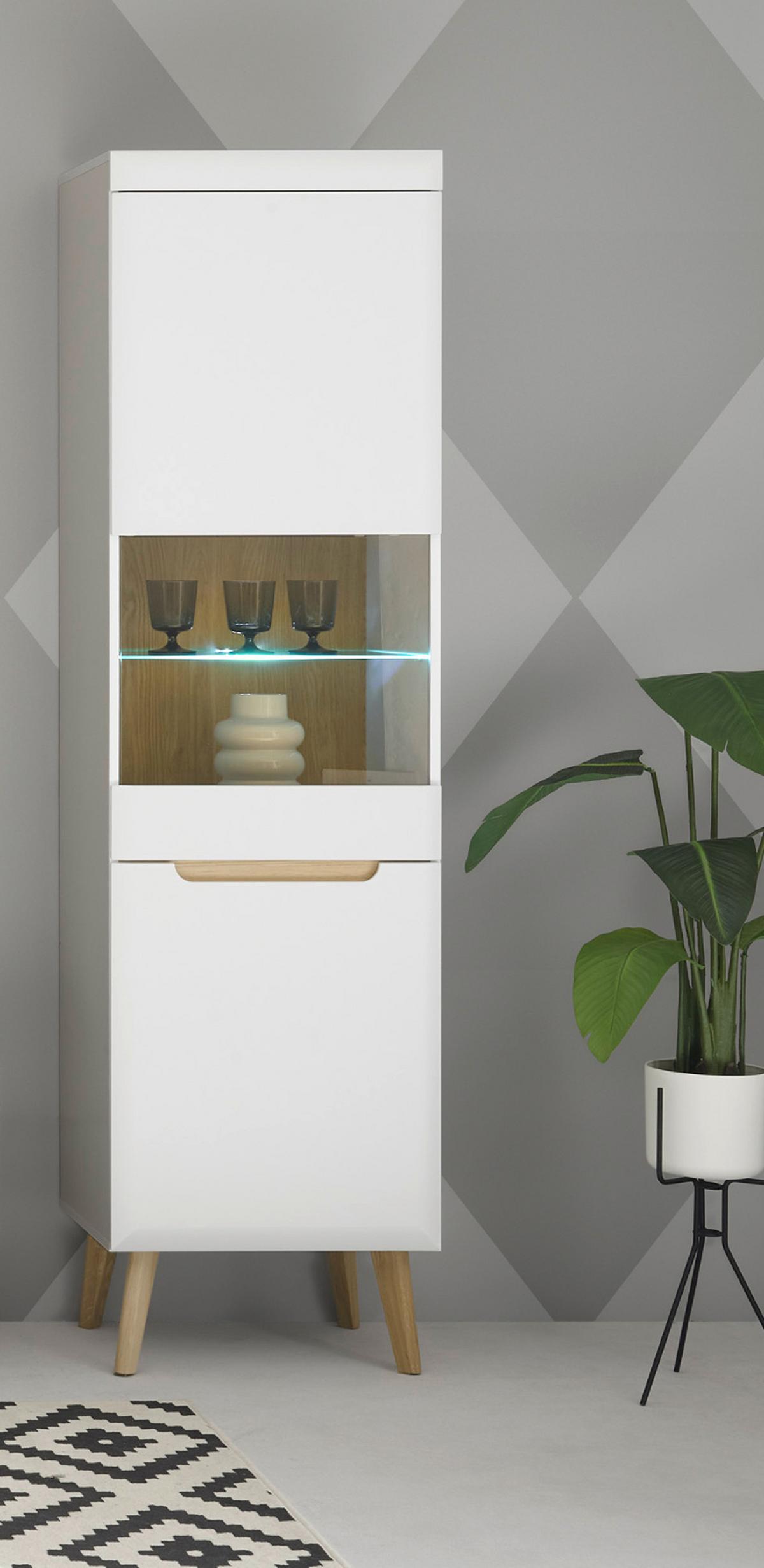 VITRINE weiß, Eiche, skandinavisch 53 x 197 cm, Vitrinenschrank mit Soft-Close - Eichefarben/Weiß, Glas/Holz (53/197/40cm) - Furn.Design