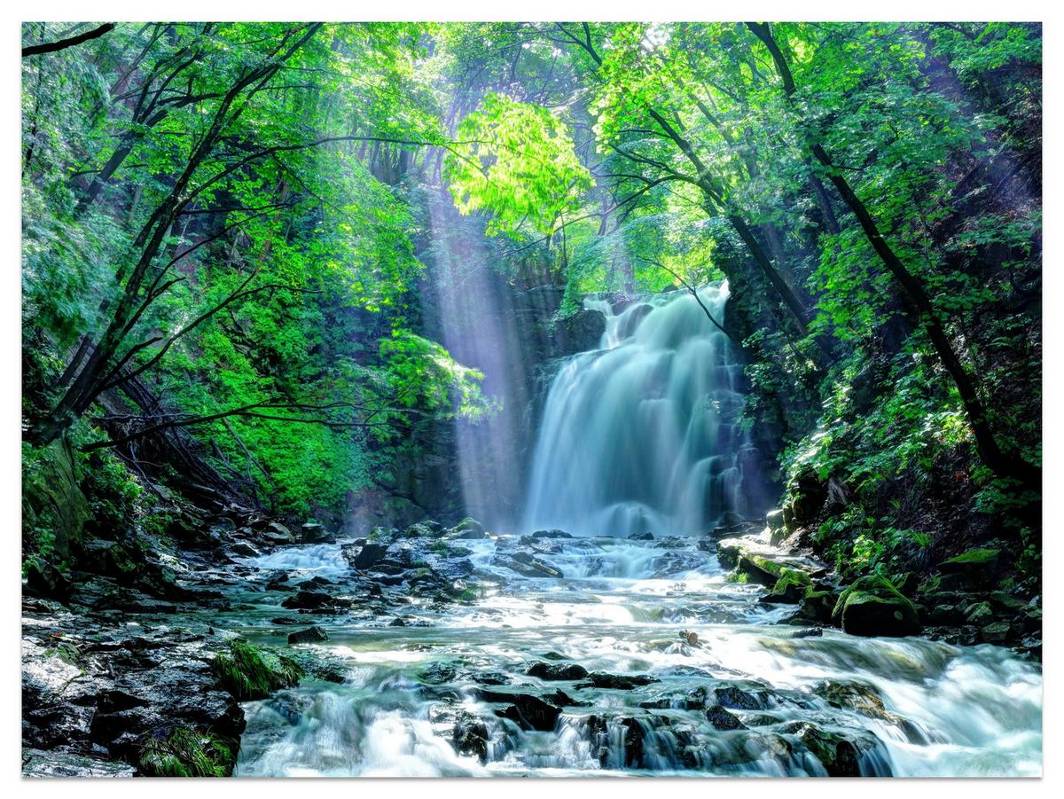 FOTOTAPETE für Schlafzimmer Wasserfall Wald Felsen Bäume Pflanzen 400x280 - Türkis/Blau, Papier (400/280cm) - Muralo