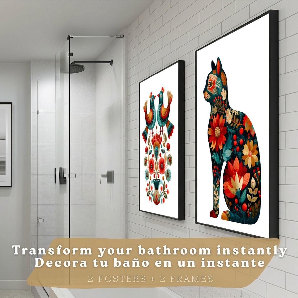 POSTER 2er-Set dekorative Badezimmer-Kunstdrucke, im Stil der Volkskunst für Wand, Toilette mit Vögeln und elegantem Blumen-Katzen Schwarzer Rahmen A4 - Schwarz, Papier (29.7/21/3cm) - Nacnic