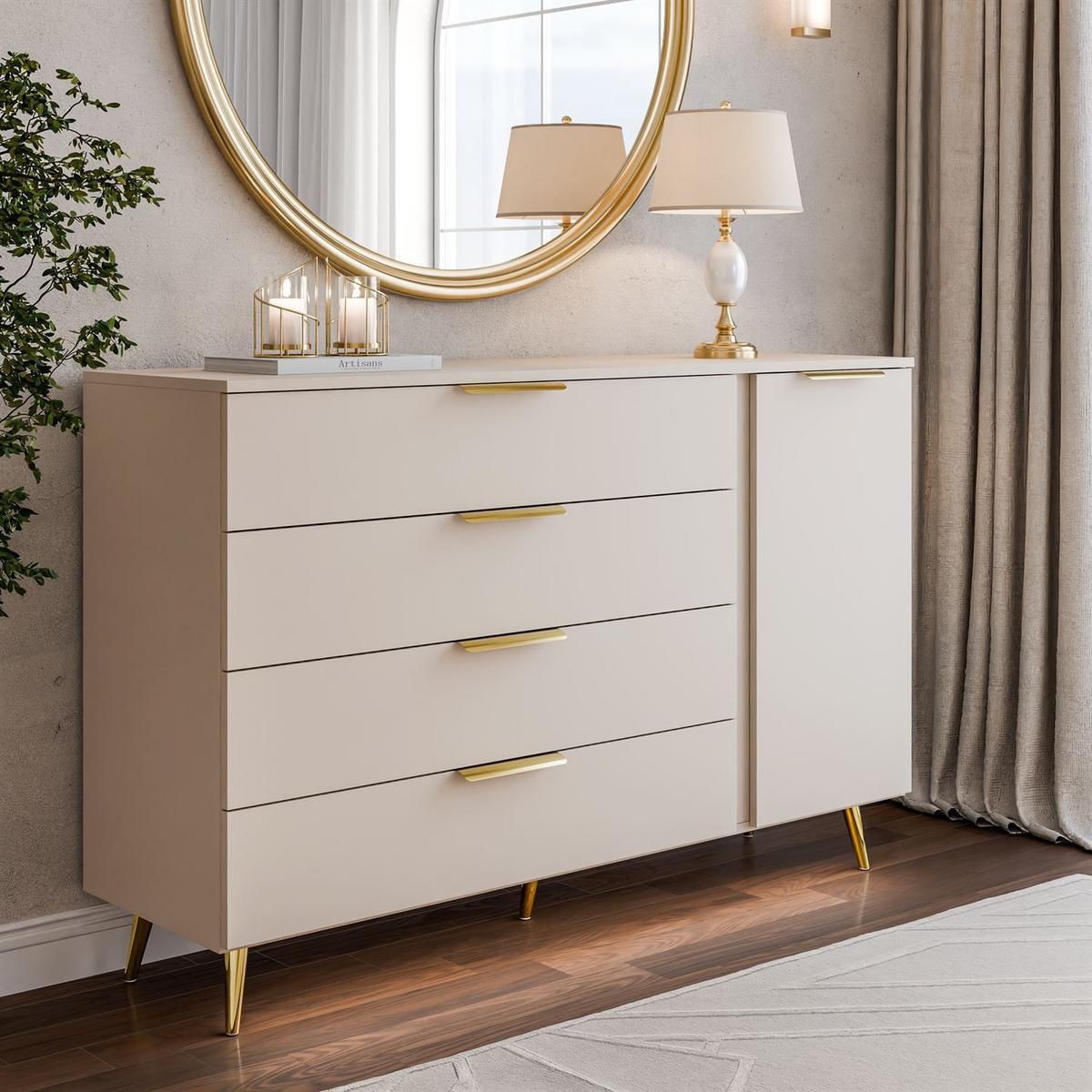 KOMMODE LINA KASCHMIR 1D4S auf hohen Beinen Gold Chrom - Kaschmir, Holzwerkstoff (138/90/40cm) - Lookway