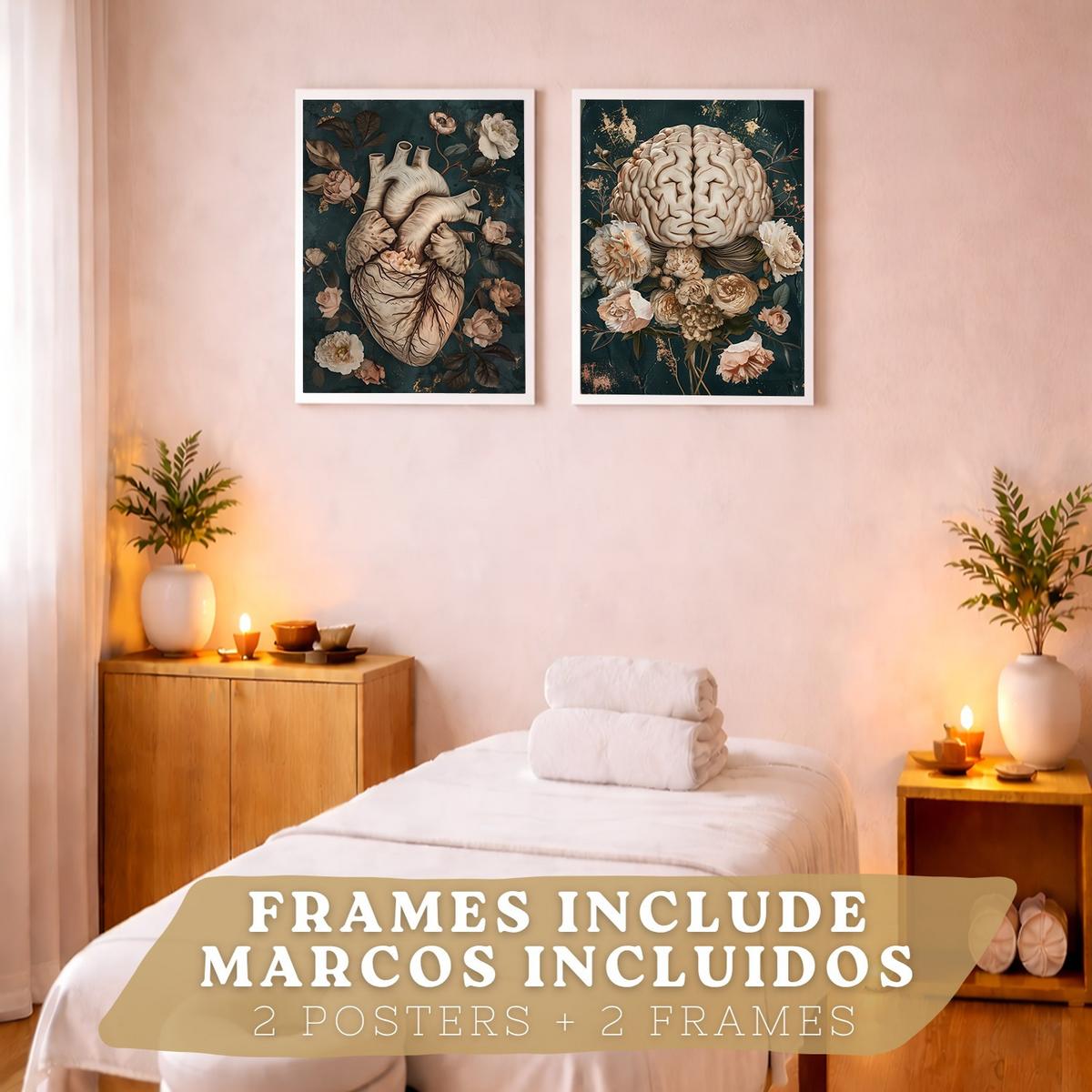 POSTER Set aus 2 Anatomie Mensch Drucke und Wandbilder mit Herz und Gehirn Elegante Florale Illustration Grüner Hintergrund Größe Weißer Rahmen A4 - Weiß, Papier (21/29.7/3cm) - Nacnic