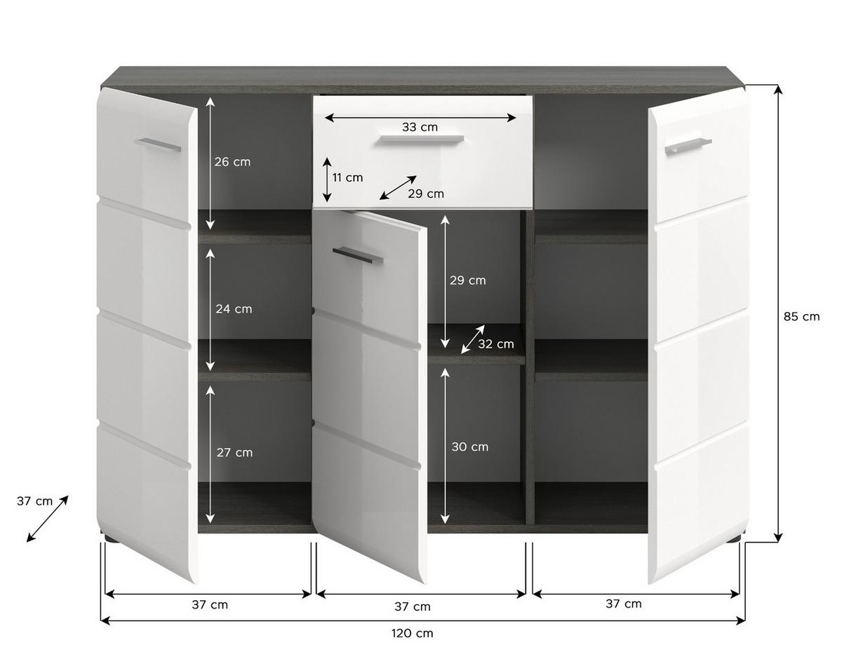 SIDEBOARD weiß Hochglanz, grau 120 cm, Kommode viel Stauraum - Weiß Hochglanz/Silberfarben, Holzwerkstoff/Kunststoff (120/85/37cm) - Inn.Furn