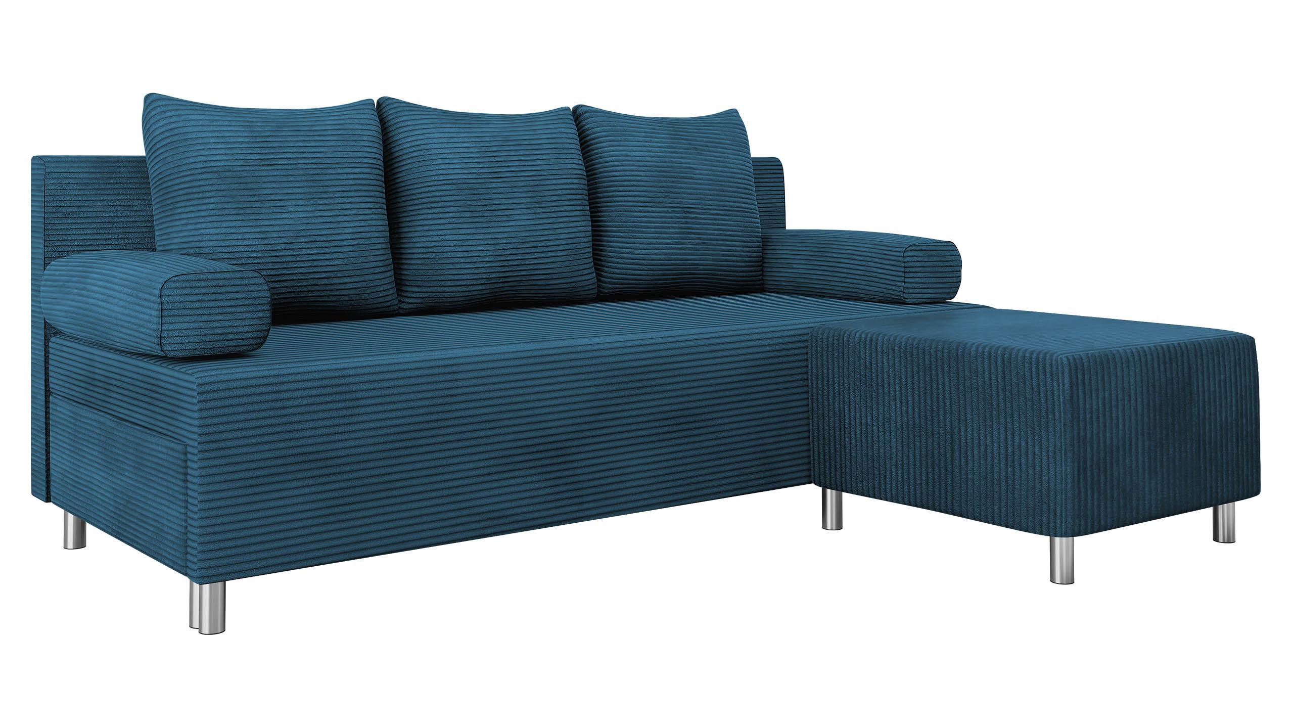 SCHLAFSOFA Dover Cord mit Polsterhocker - Blau/Chromfarben, Holz/Kunststoff (192/80cm) - MIRJAN24